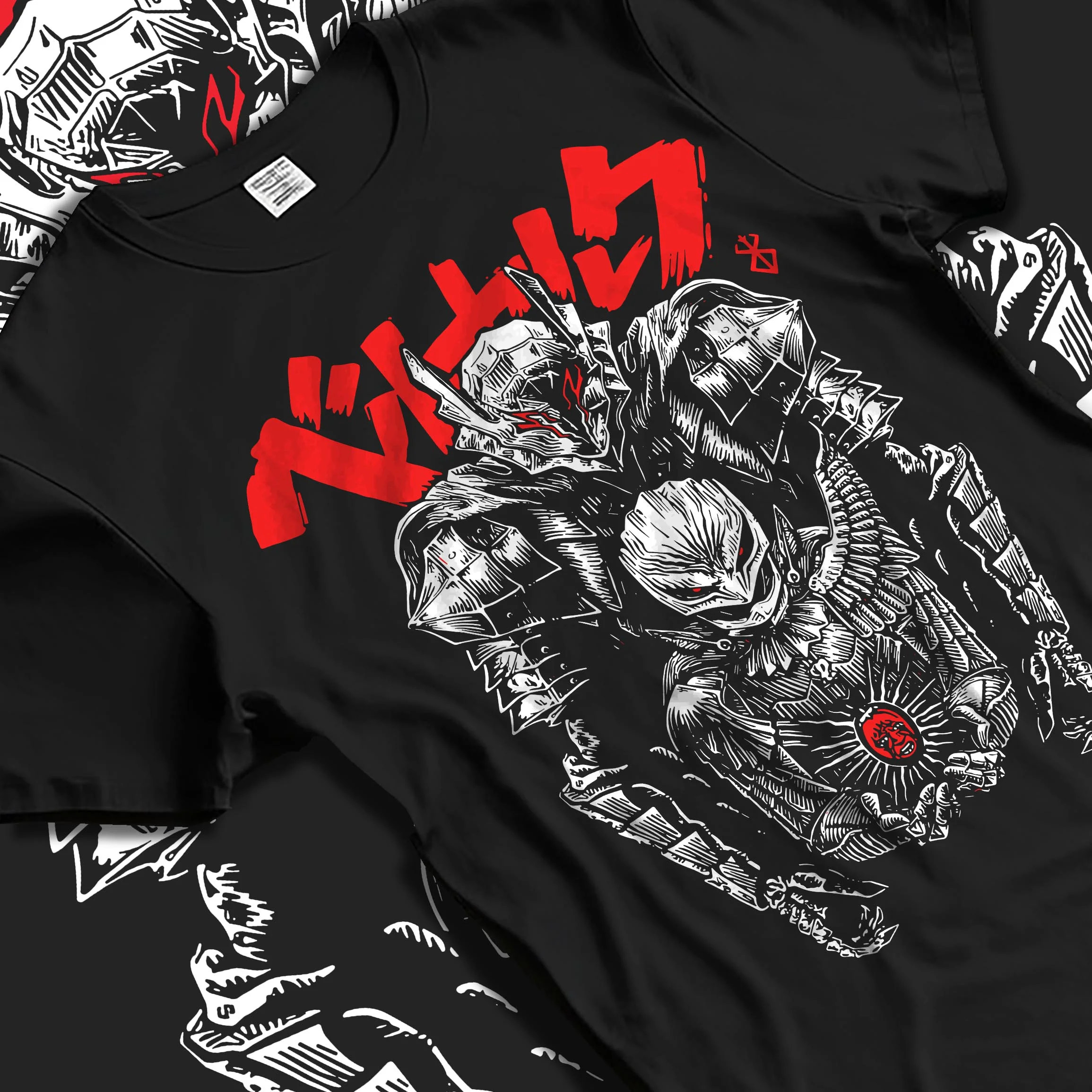 Black T-shirt laid flat with natural folds with Berserk Skull Knight Hoodie Dark Eclipse Warrior graphic streetwear graphic.