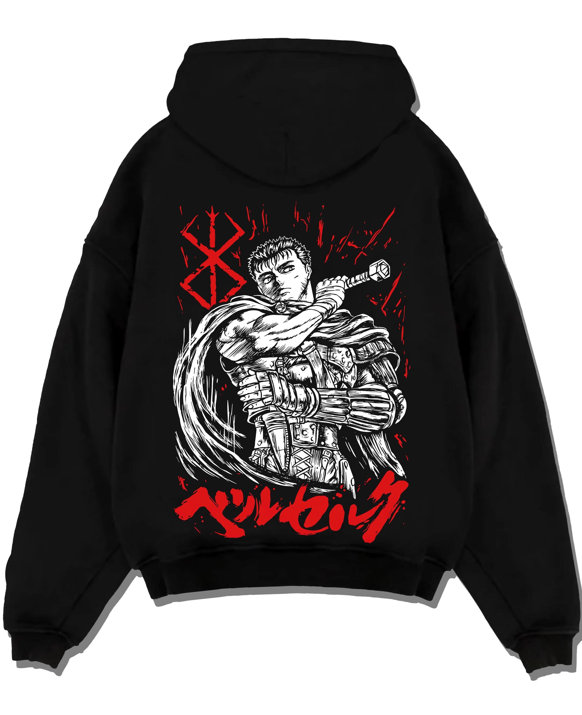 Black pullover hoodie laid flat with Berserk Guts Hoodie Black Swordsman Dark Blade Stare graphic Guts anime design.