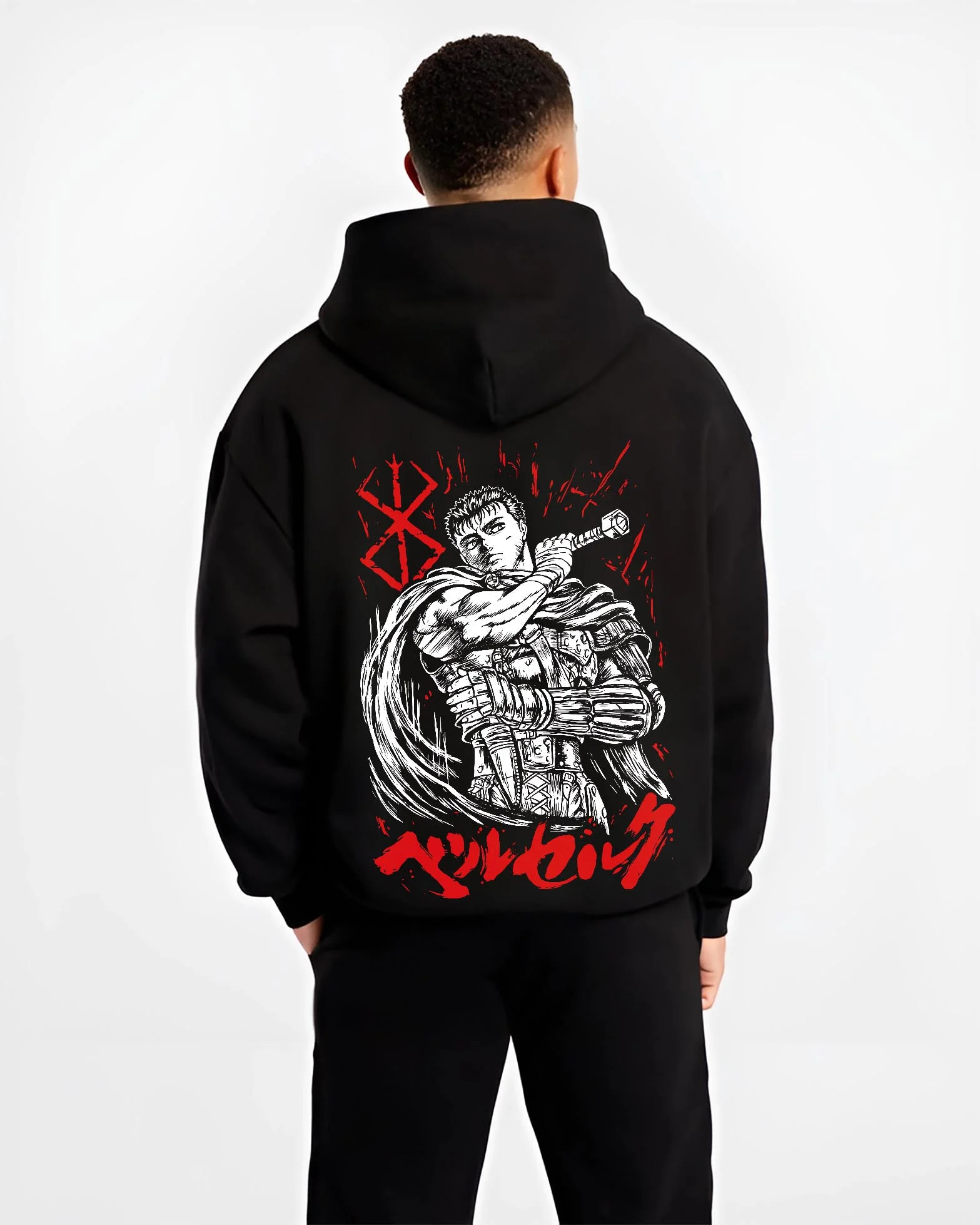 Black hoodie worn by male model, back view with Berserk Guts Hoodie Black Swordsman Dark Blade Stare graphic Guts anime design.