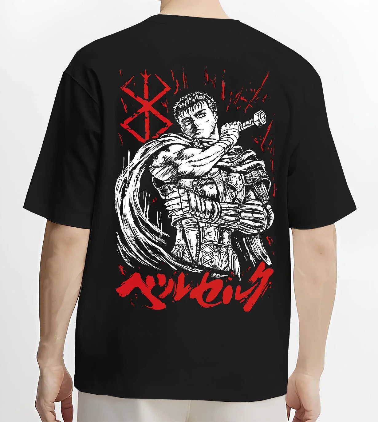Black T-shirt worn by male model, back view with Berserk Guts Hoodie Black Swordsman Dark Blade Stare graphic streetwear graphic.