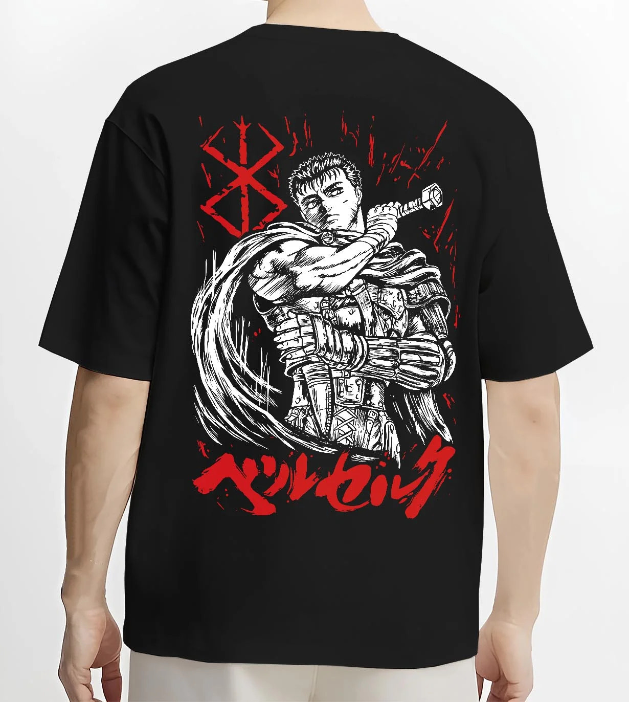 Black T-shirt worn by male model, back view with Berserk Guts Hoodie Black Swordsman Dark Blade Stare graphic streetwear graphic.