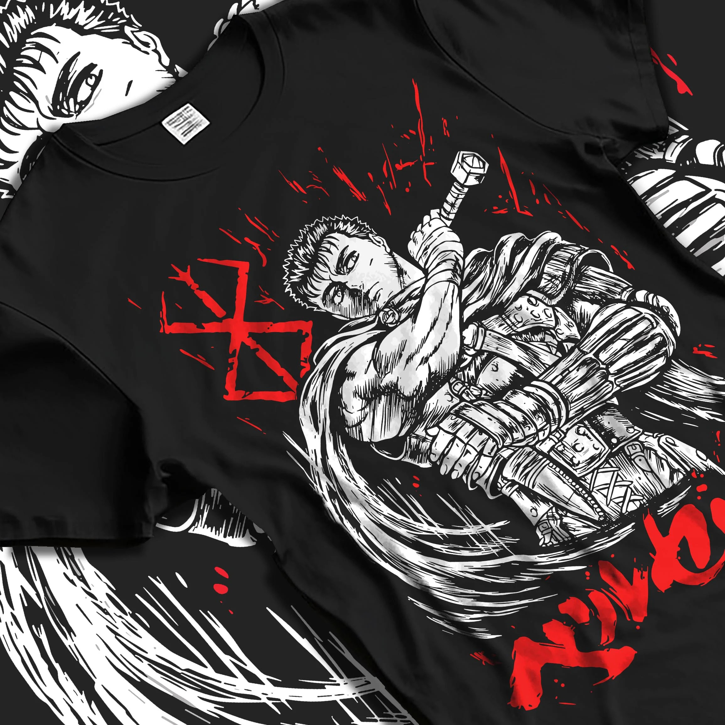 Black T-shirt laid flat with natural folds with Berserk Guts Hoodie Black Swordsman Dark Blade Stare graphic Guts anime design.