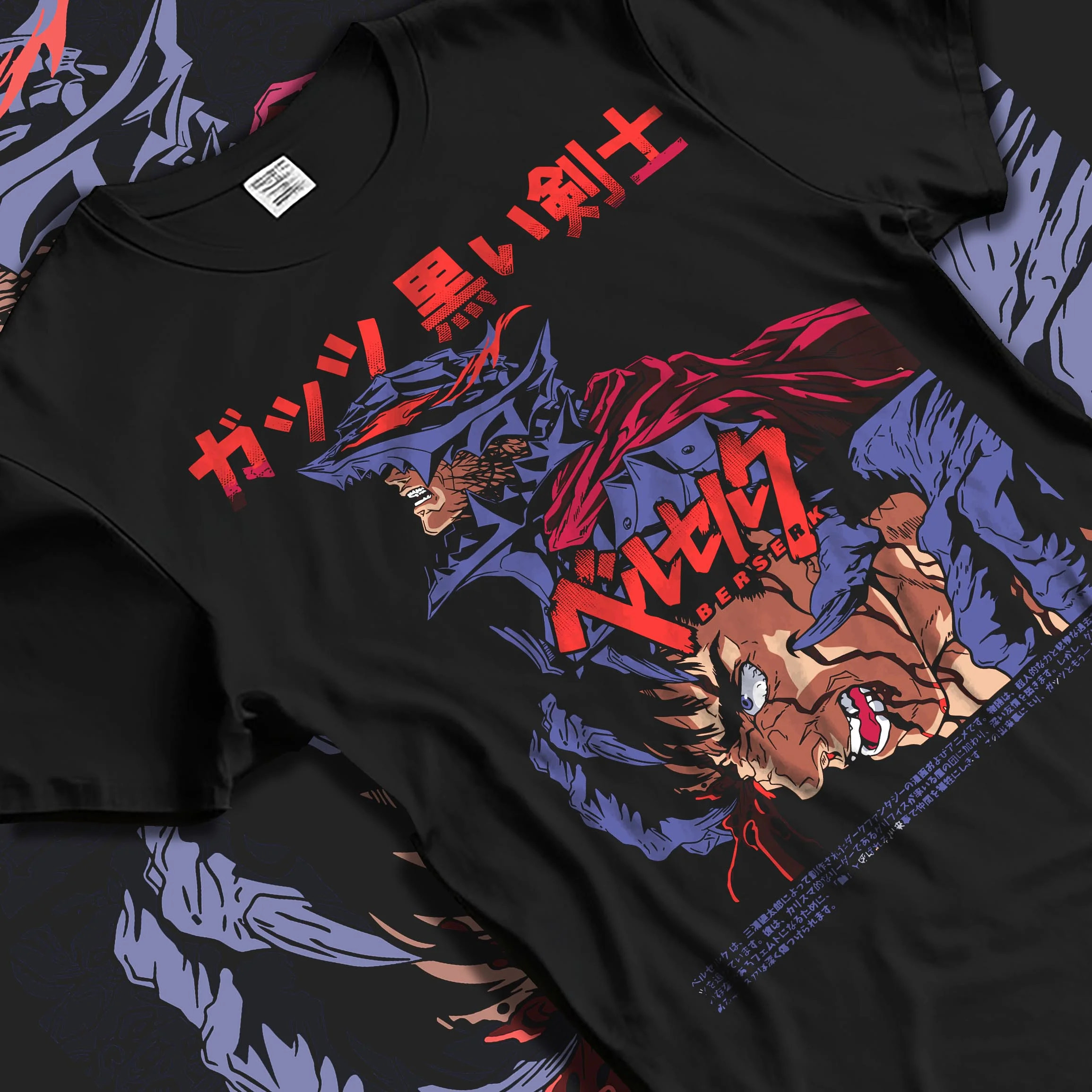 Black T-shirt laid flat with natural folds with Berserk Guts Hoodie Dark Swordsman Bloody Poster graphic premium wear.