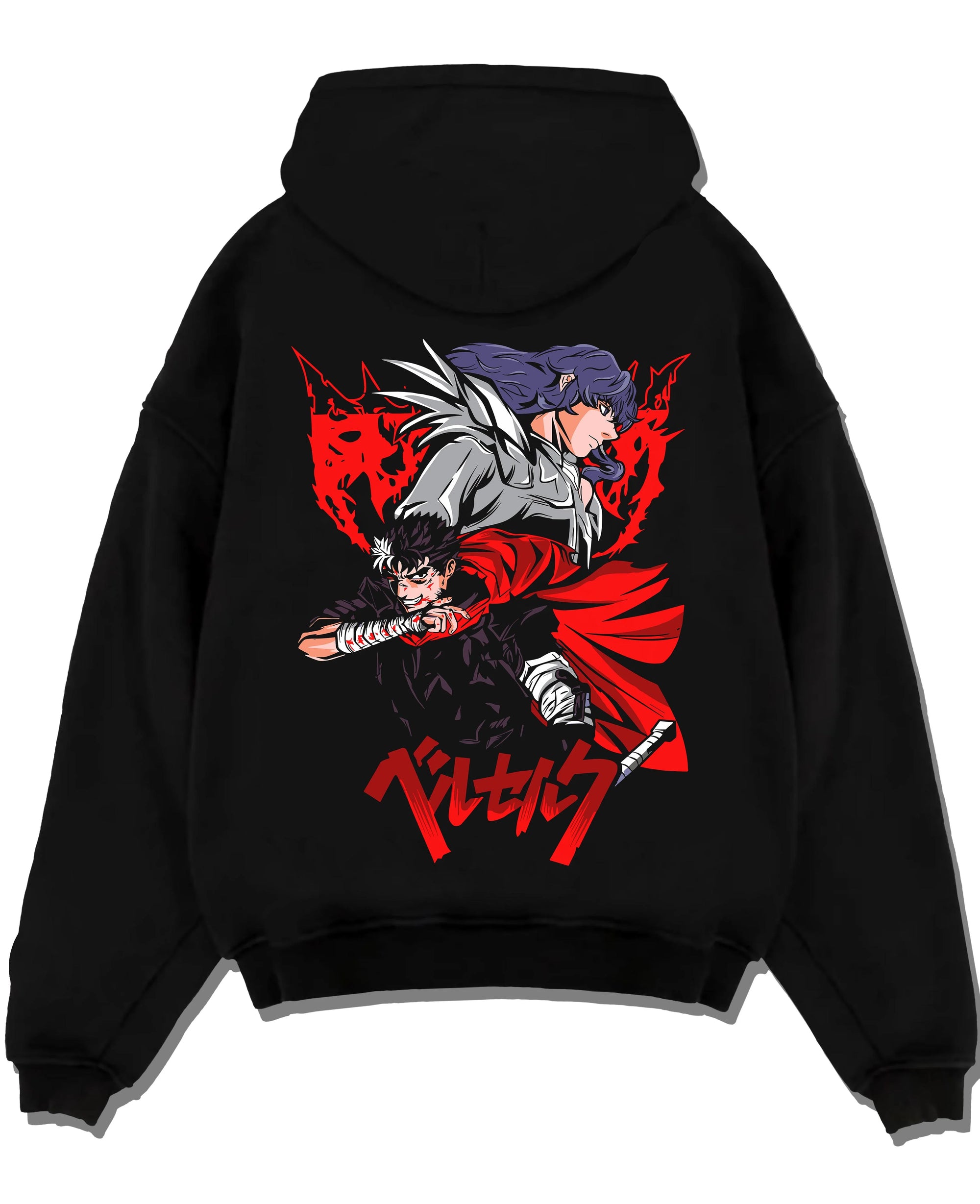 Black pullover hoodie laid flat with Guts vs Griffith Hoodie Berserk Bloody Sword Battle graphic bold anime graphic.
