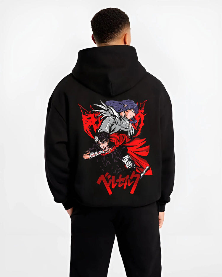 Black hoodie worn by male model, back view with Guts vs Griffith Hoodie Berserk Bloody Sword Battle graphic bold anime graphic.