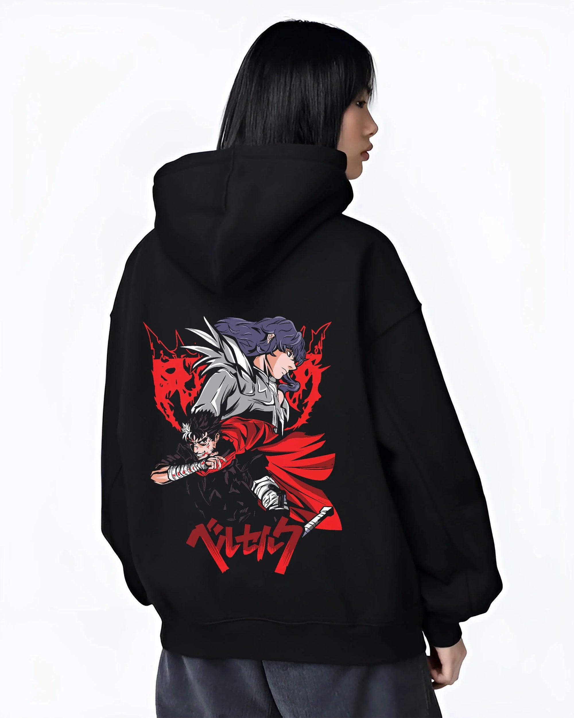 Black hoodie worn by female model, back view with Guts vs Griffith Hoodie Berserk Bloody Sword Battle graphic streetwear graphic.