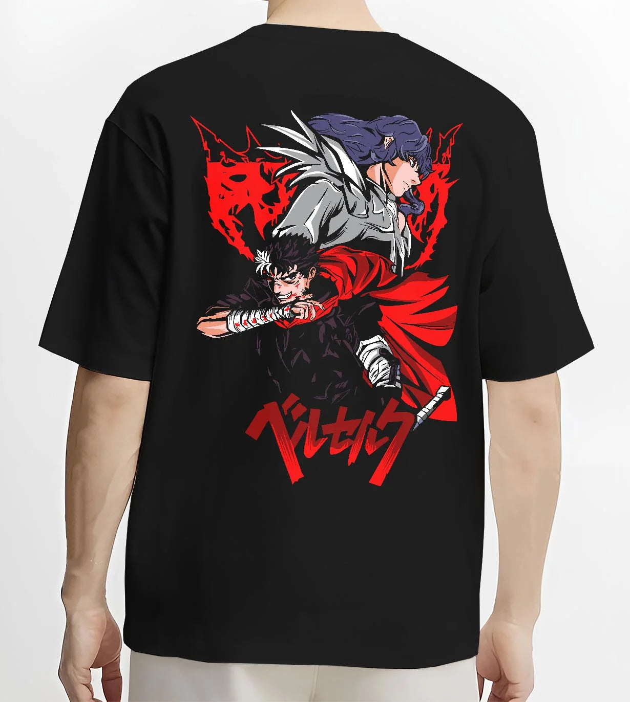 Black T-shirt worn by male model, back view with Guts vs Griffith Hoodie Berserk Bloody Sword Battle graphic bold anime graphic.