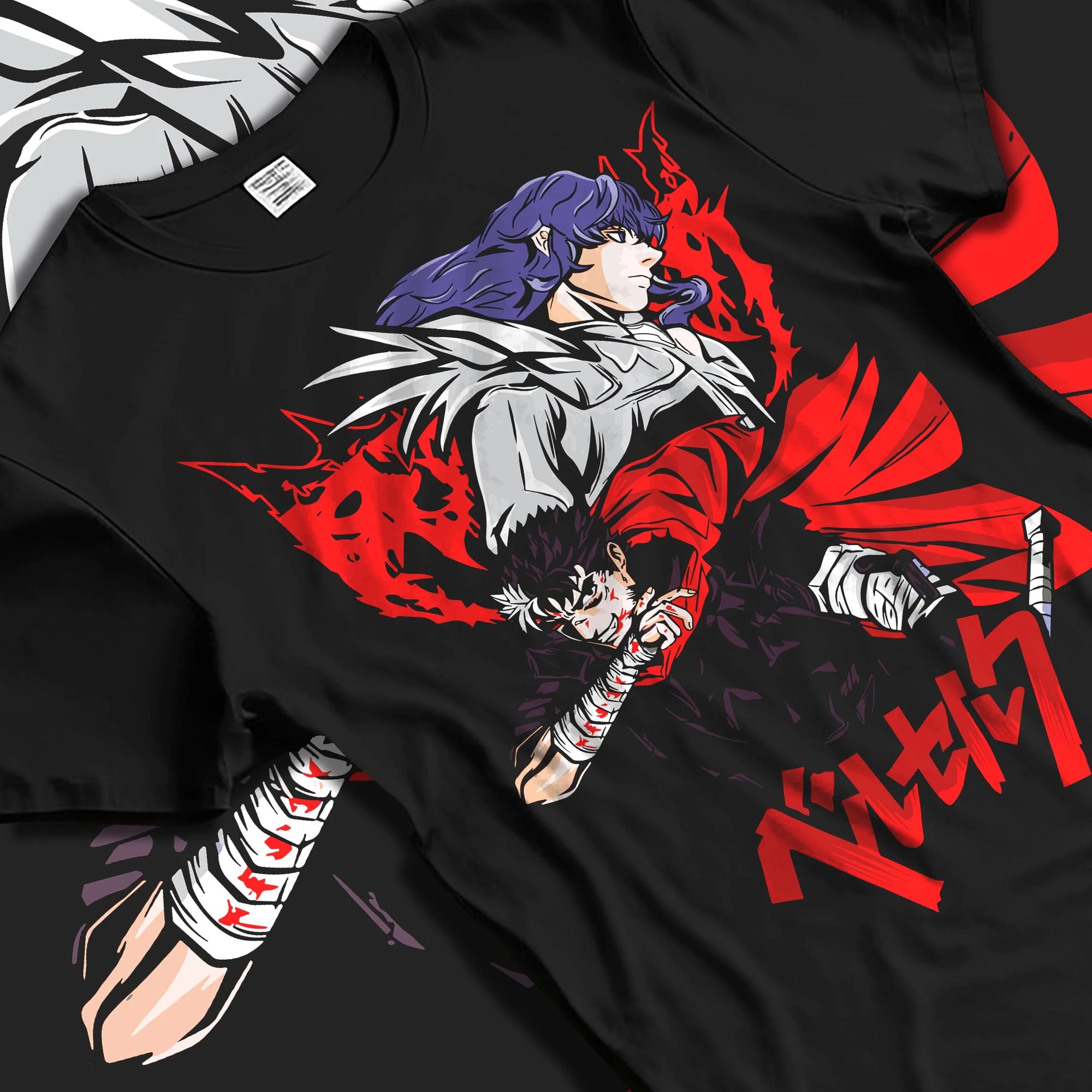 Black T-shirt laid flat with natural folds with Guts vs Griffith Hoodie Berserk Bloody Sword Battle graphic streetwear graphic.