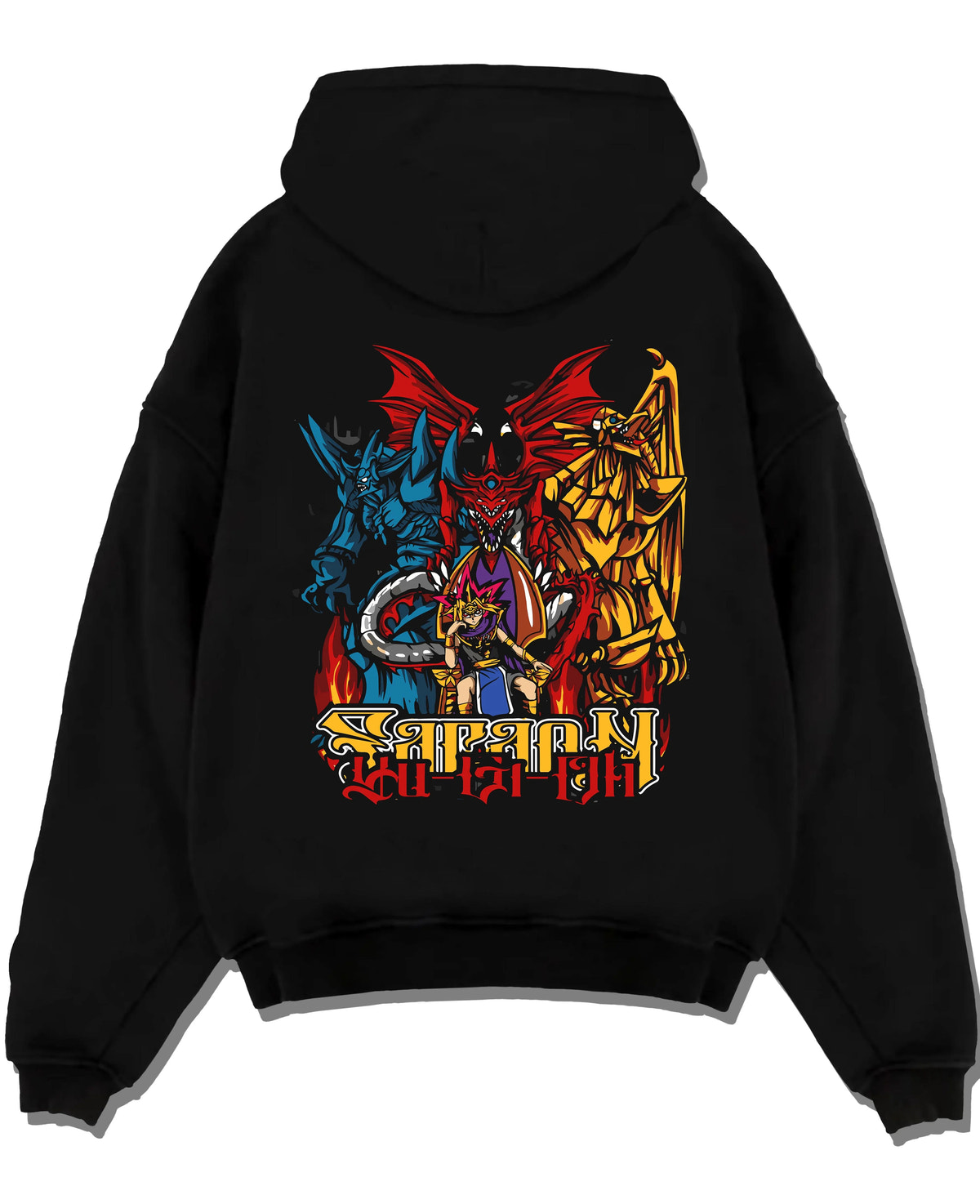Black hoodie laid flat featuring Blue-Eyes Ultimate Dragon Yu-Gi-Oh artwork with bold anime graphic print.