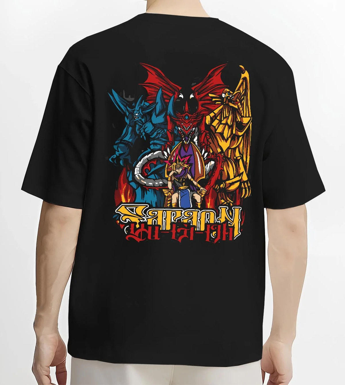 Black T-shirt worn by male model from the back featuring Blue-Eyes Ultimate Dragon Yu-Gi-Oh artwork.