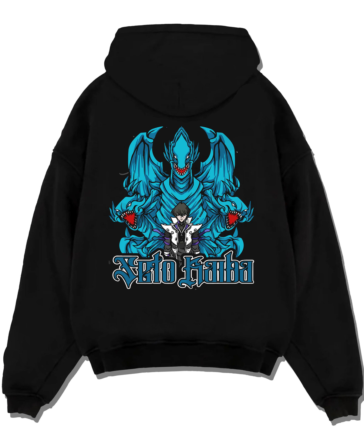 Black hoodie laid flat featuring Blue-Eyes White Dragon Yu-Gi-Oh artwork with bold anime graphic print.
