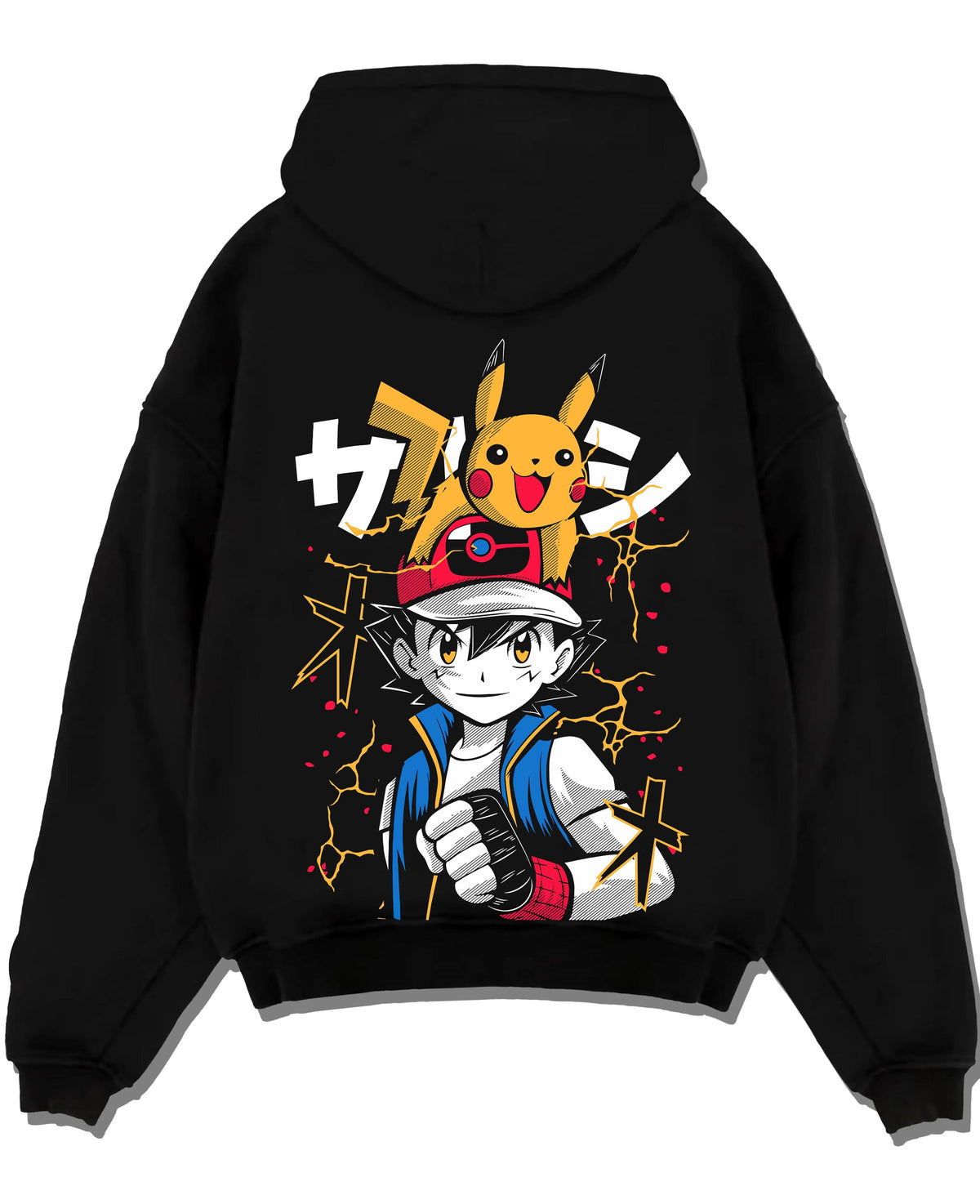 Black hoodie laid flat featuring Ash Ketchum Pikachu Pokémon battle artwork with bold anime graphic print.