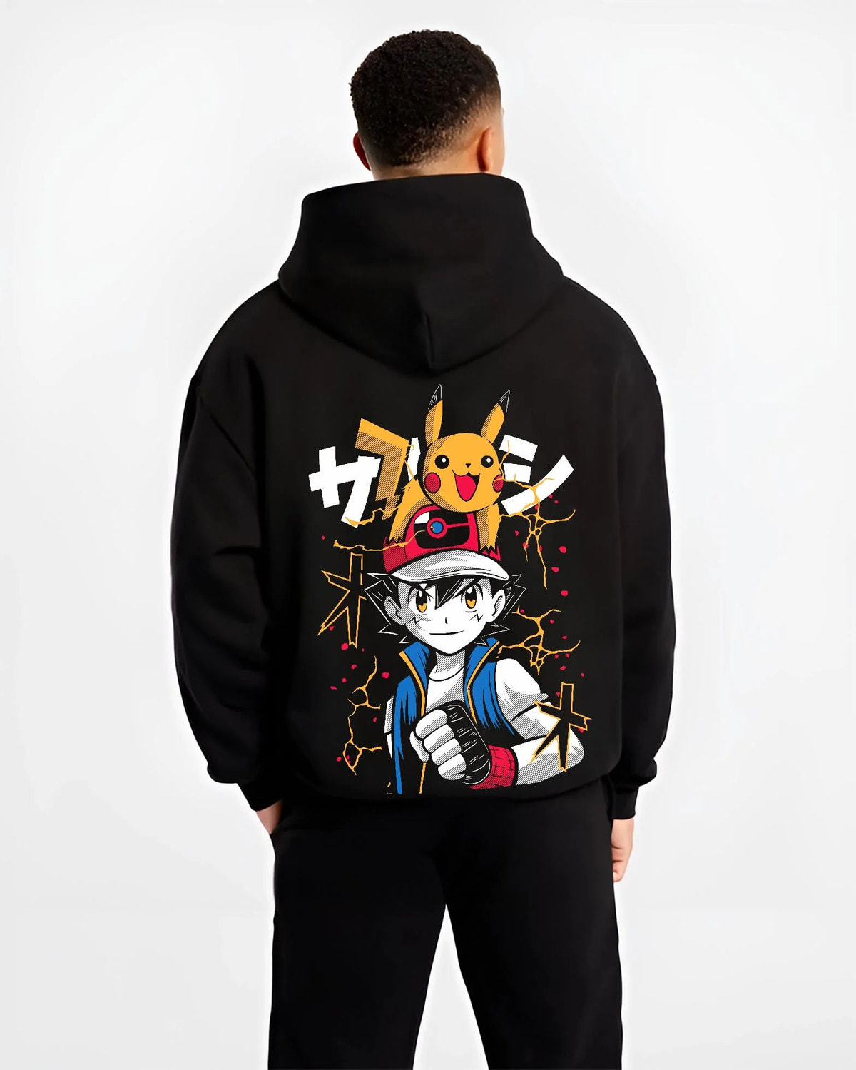 Black hoodie worn by male model from the back featuring Ash Ketchum Pikachu Pokémon battle artwork.