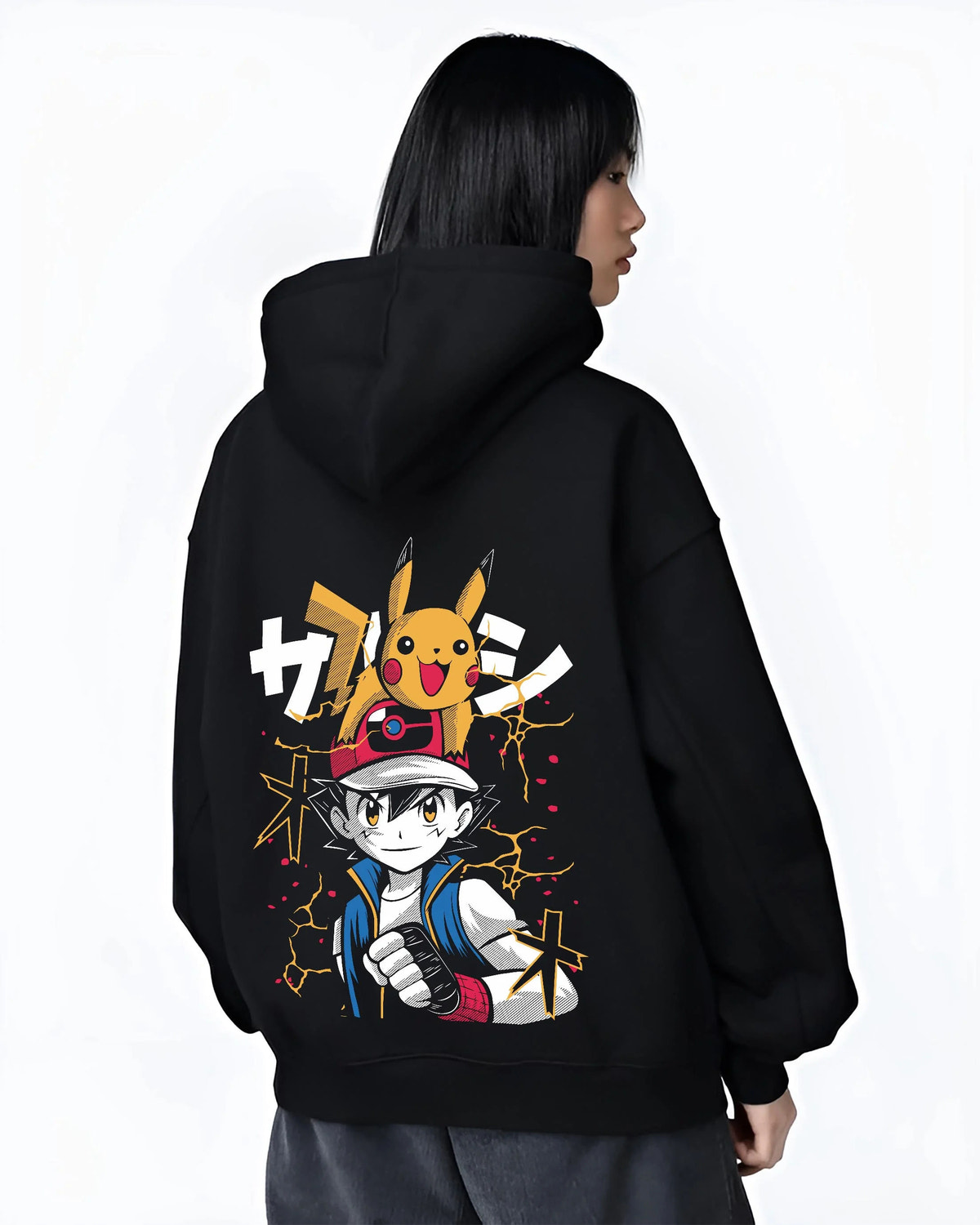 Black hoodie worn by female model from the back featuring Ash Ketchum Pikachu Pokémon battle artwork.