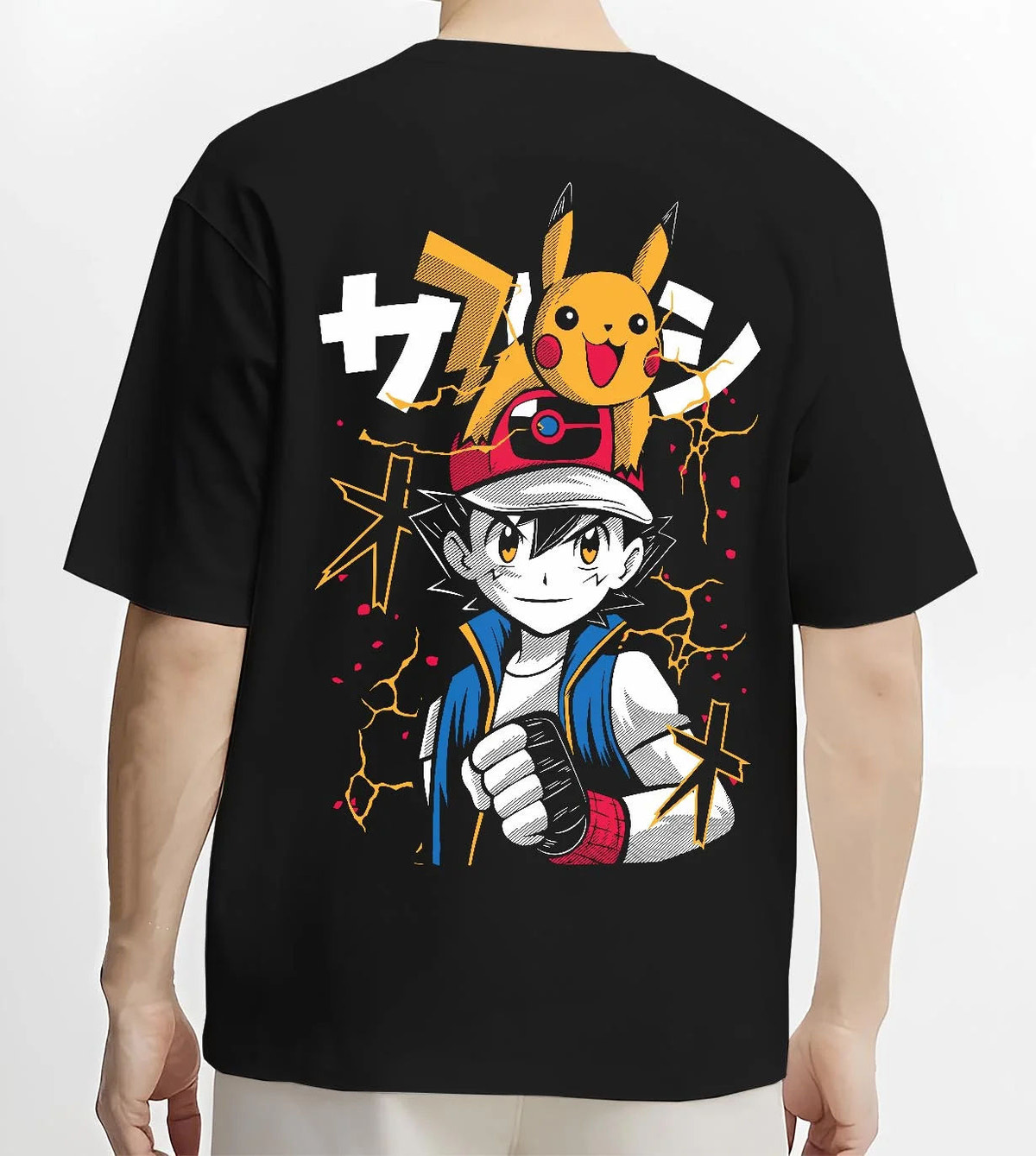 Black T-shirt worn by male model from the back featuring Ash Ketchum Pikachu Pokémon battle artwork.
