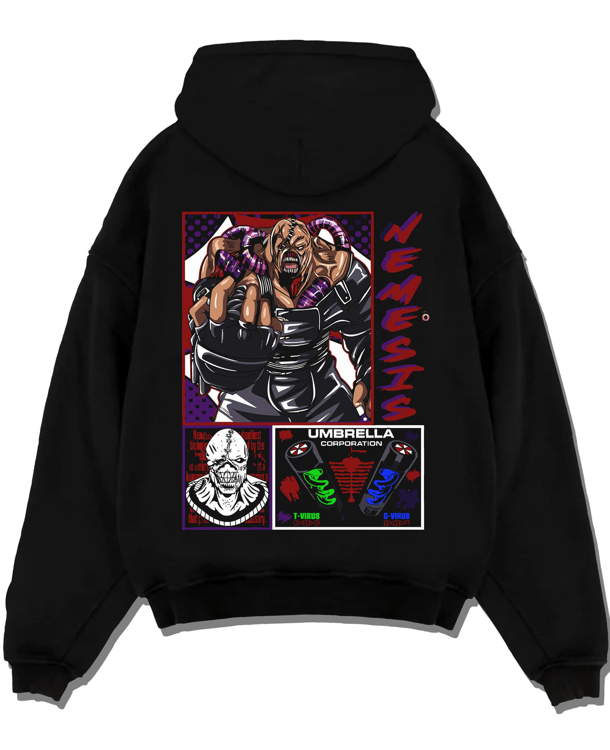 Black hoodie laid flat featuring Nemesis Resident Evil bio-weapon artwork with bold anime graphic print.