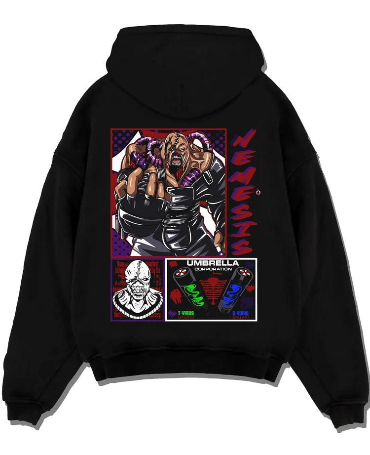 Black hoodie laid flat featuring Nemesis Resident Evil bio-weapon artwork with bold anime graphic print.