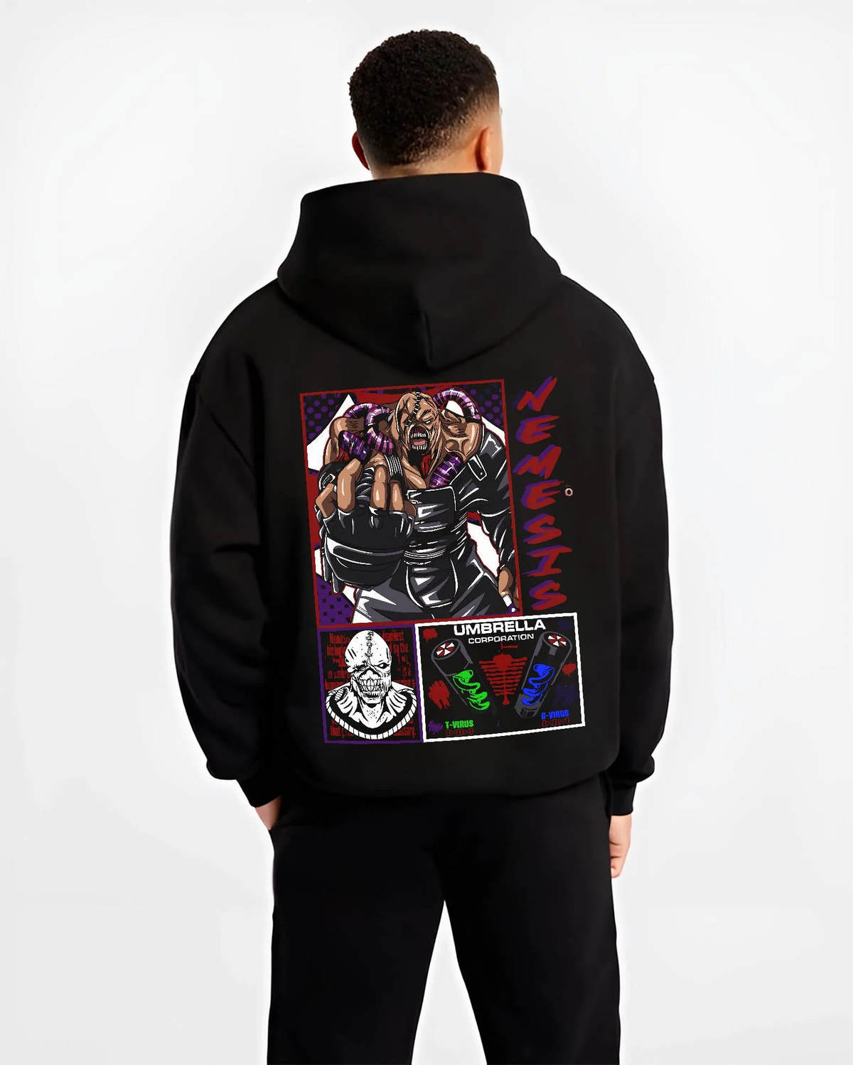 Black hoodie worn by male model from the back featuring Nemesis Resident Evil bio-weapon artwork.