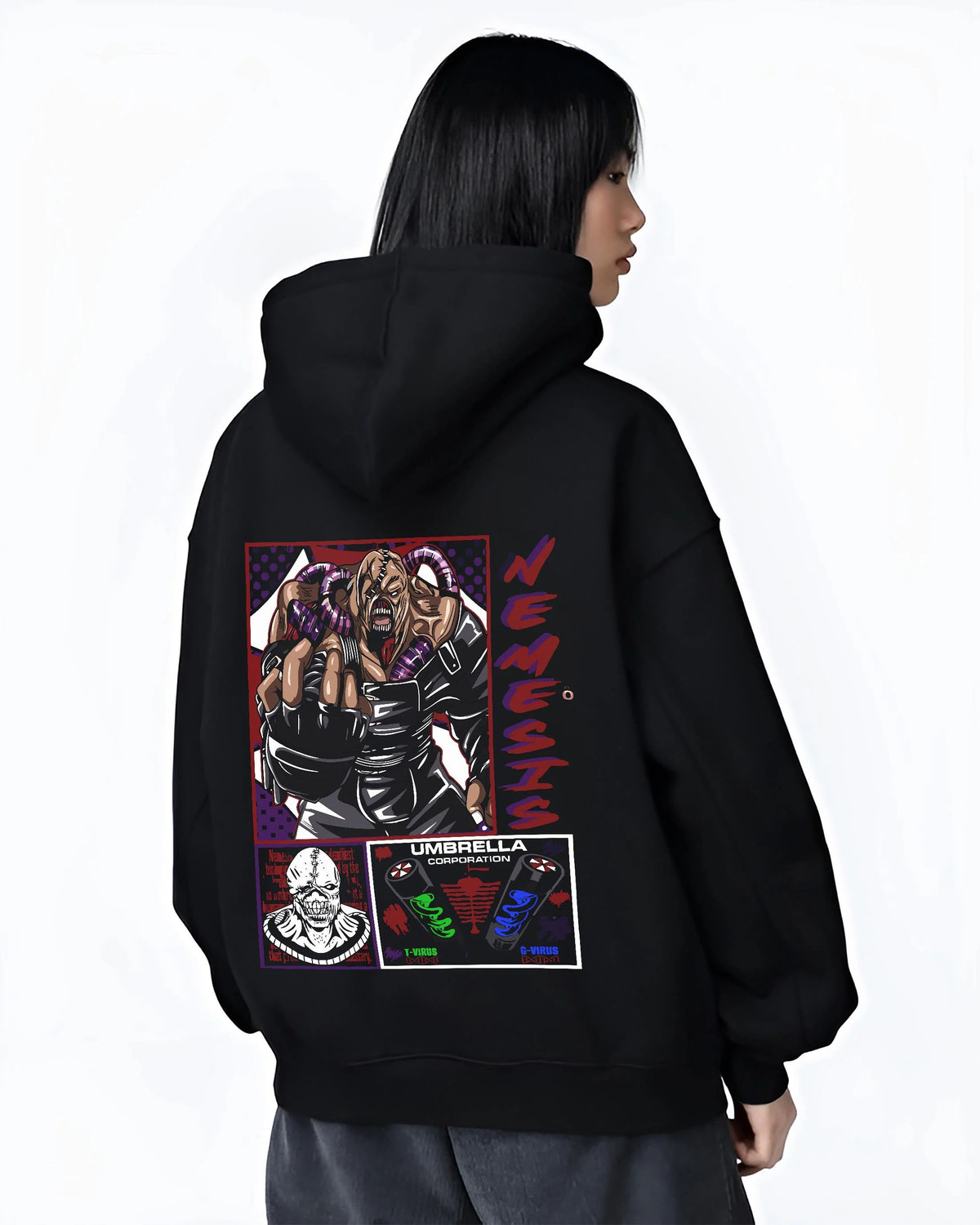 Black hoodie worn by female model from the back featuring Nemesis Resident Evil bio-weapon artwork.
