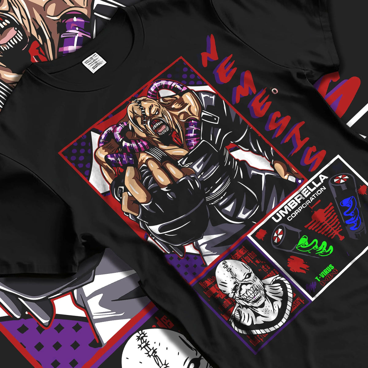 Black T-shirt laid flat with natural folds featuring Nemesis Resident Evil bio-weapon artwork.
