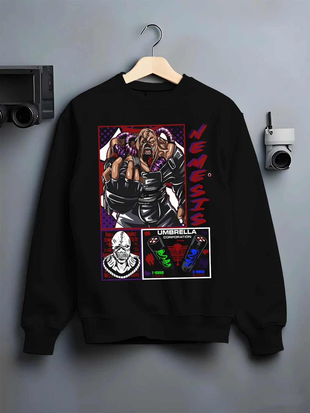 Black crewneck sweatshirt on hanger featuring Nemesis Resident Evil bio-weapon artwork.