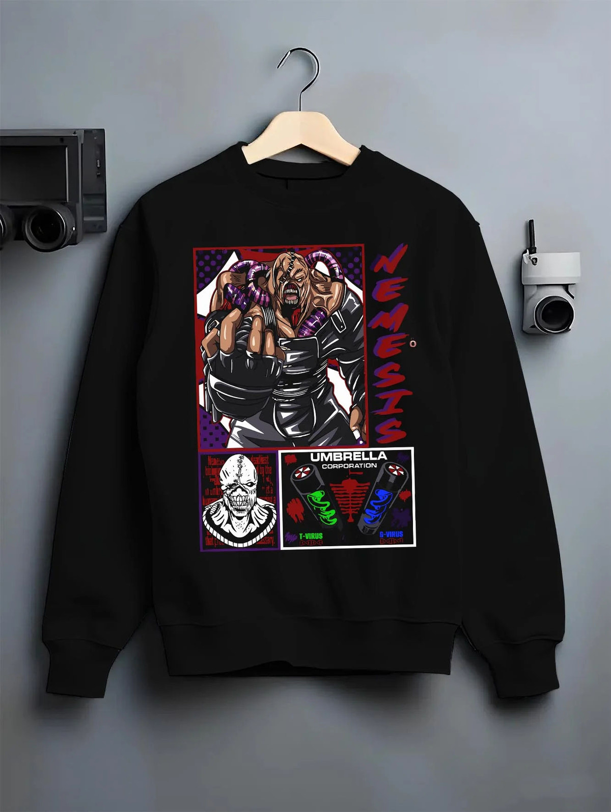 Black crewneck sweatshirt on hanger featuring Nemesis Resident Evil bio-weapon artwork.