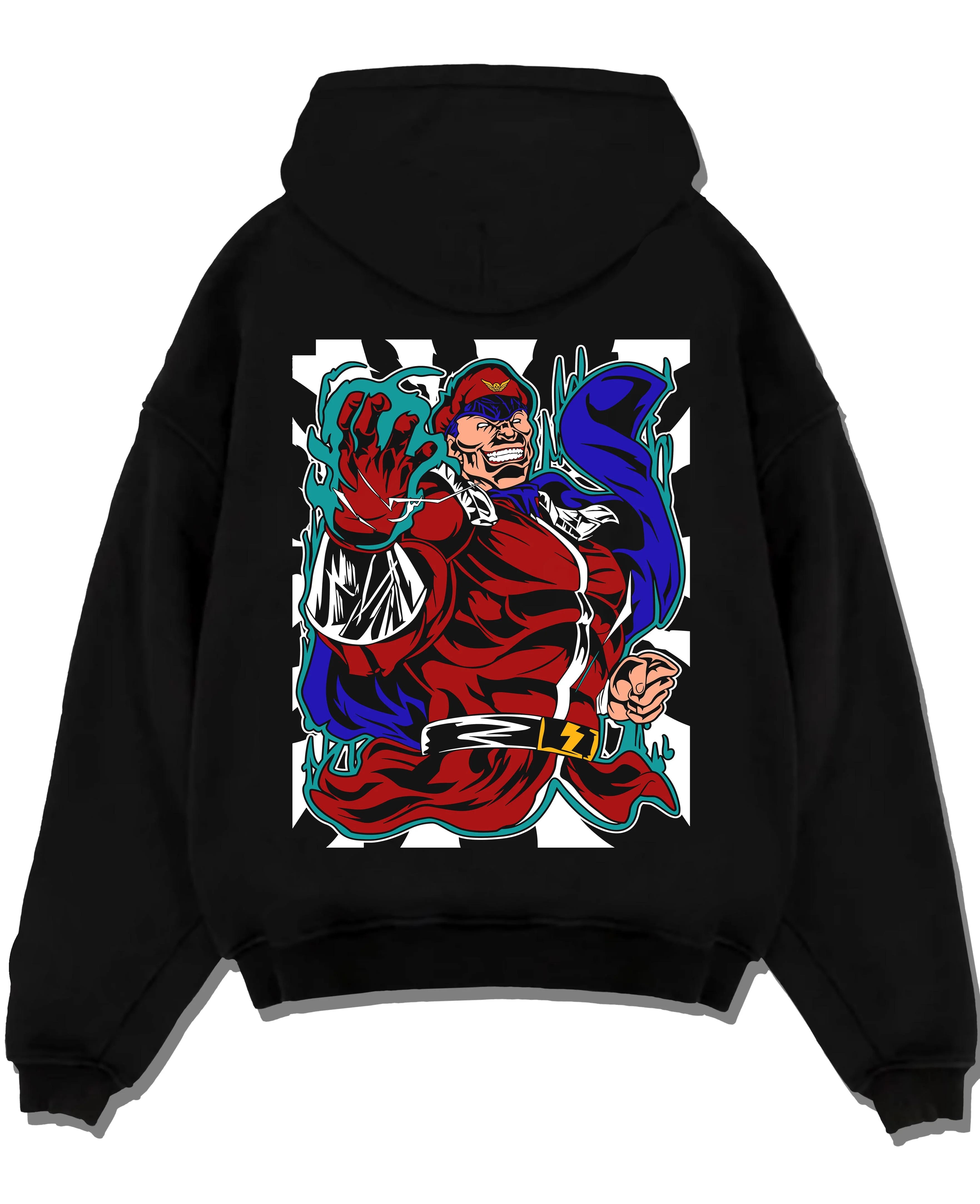 Black pullover hoodie laid flat with M. Bison Hoodie Street Fighter Psycho Power Pose graphic bold anime graphic.