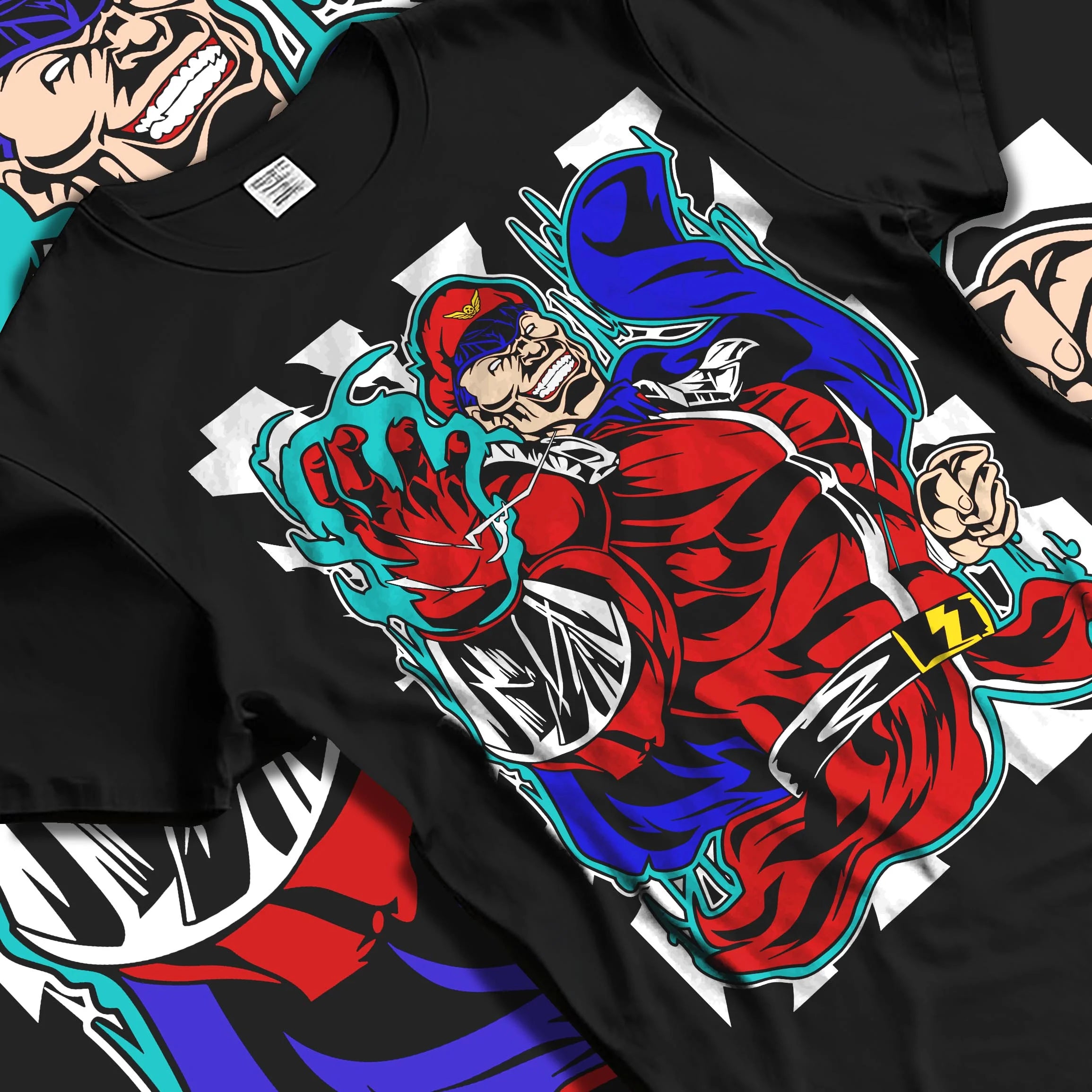 Black T-shirt laid flat with natural folds with M. Bison Hoodie Street Fighter Psycho Power Pose graphic bold anime graphic.