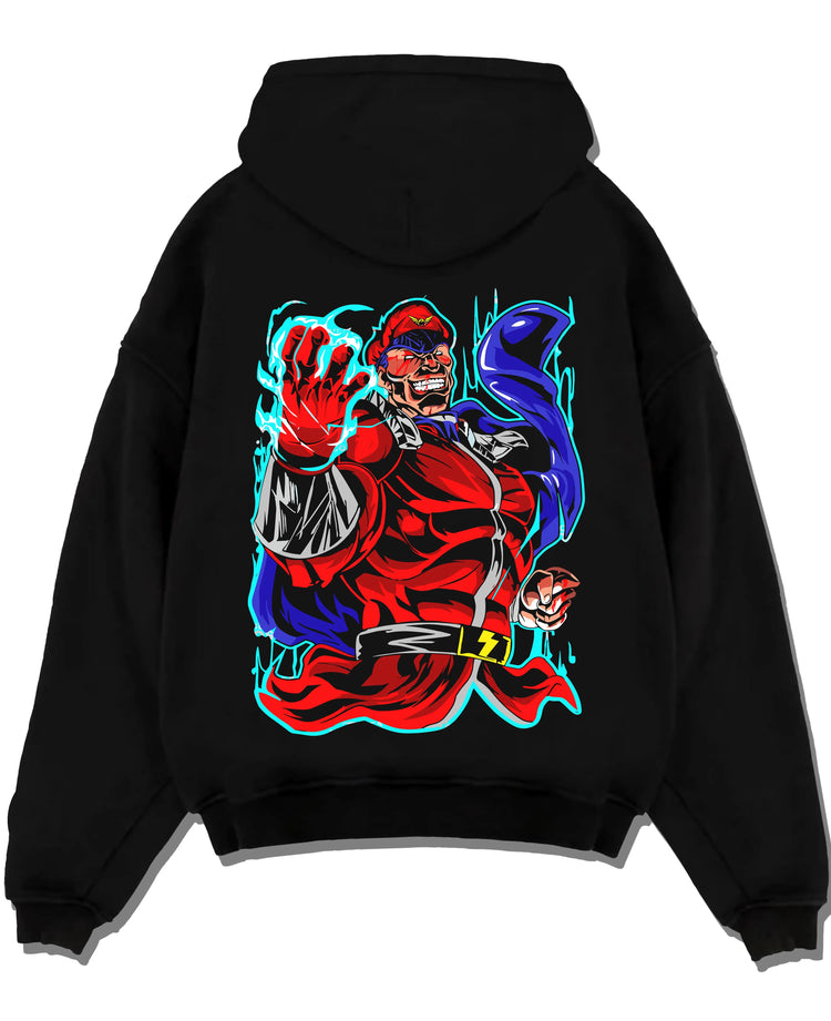 Black pullover hoodie laid flat with M. Bison Hoodie Street Fighter Red Aura Flame Power graphic premium wear.