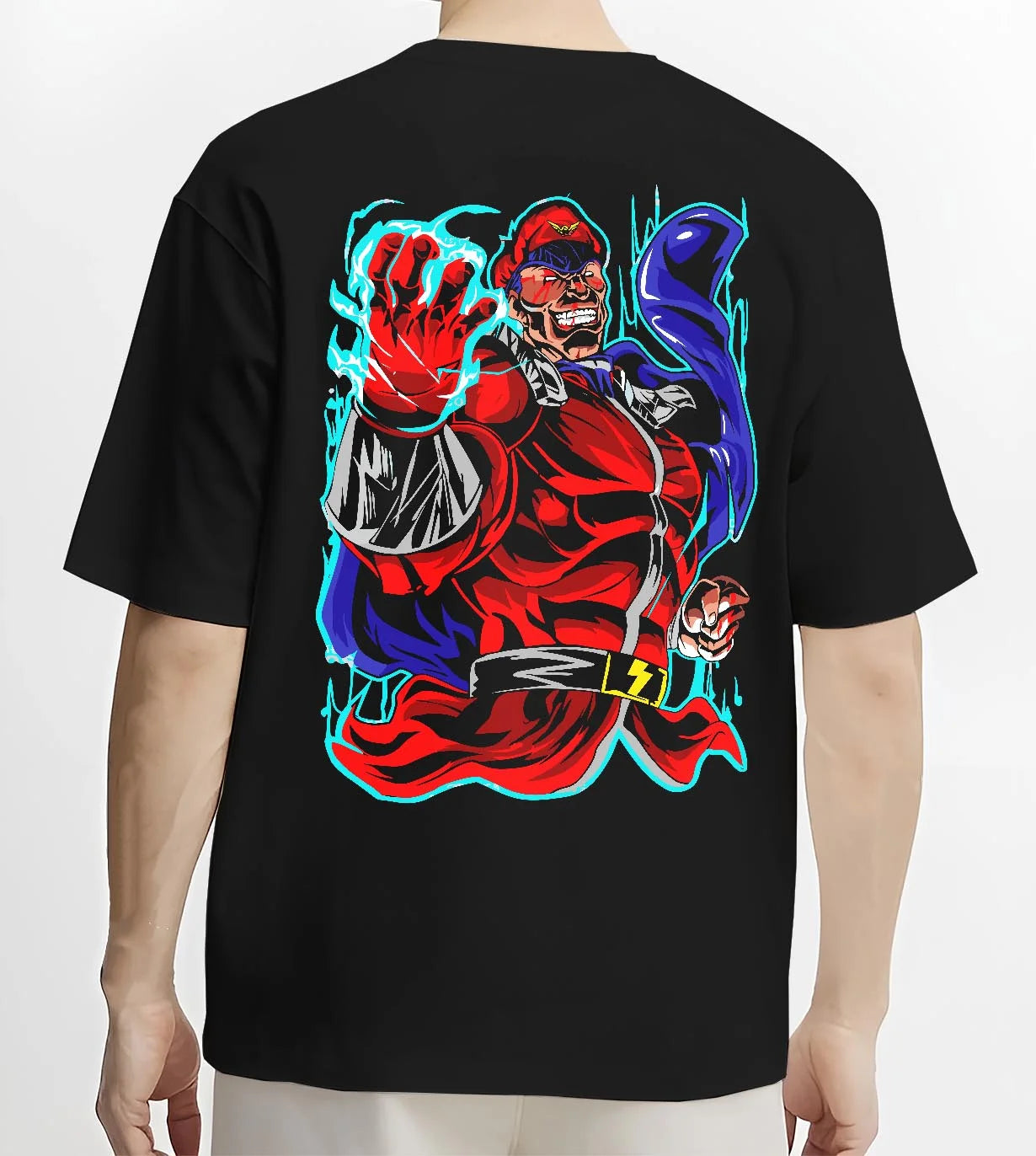 Black T-shirt worn by male model, back view with M. Bison Hoodie Street Fighter Red Aura Flame Power graphic streetwear graphic.