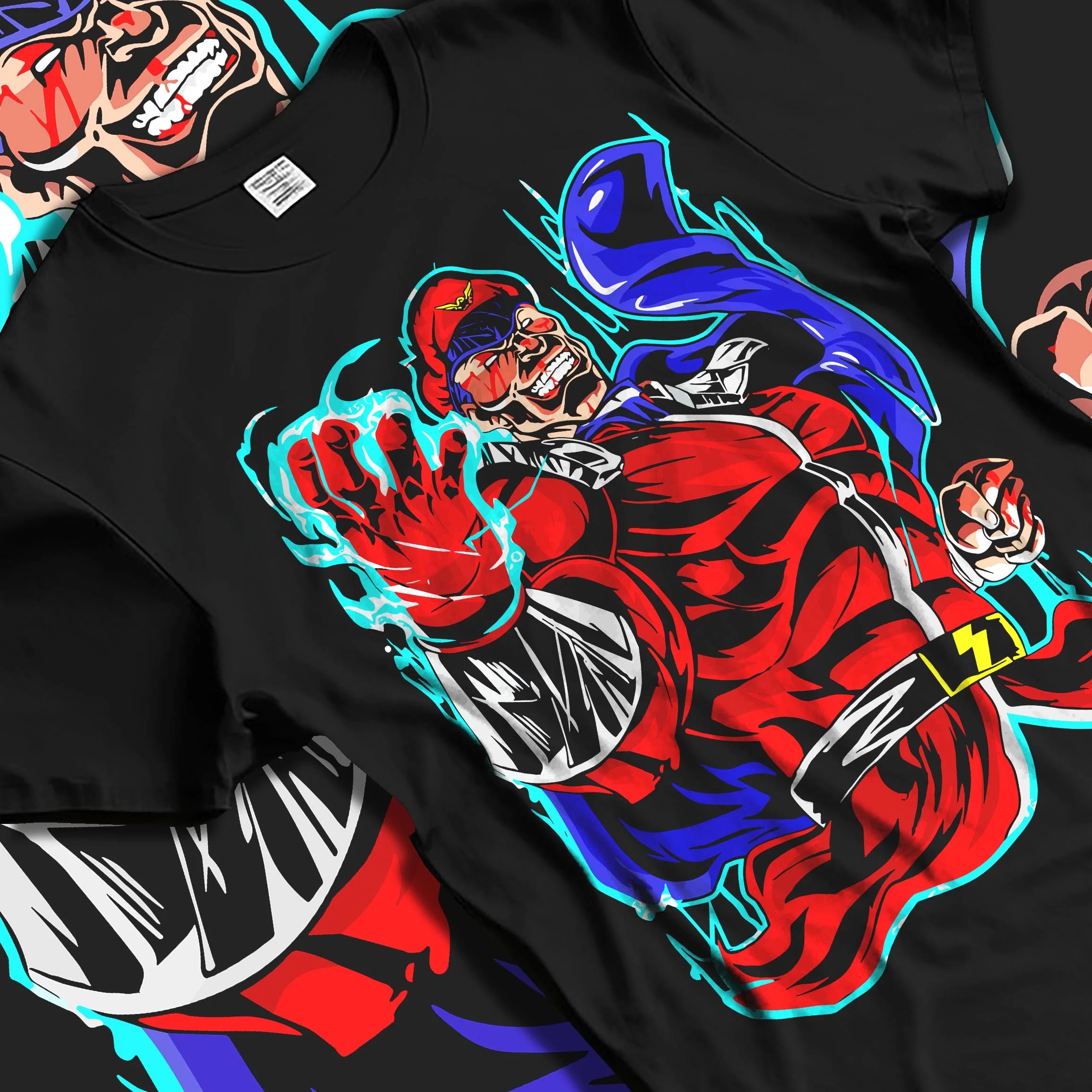 Black T-shirt laid flat with natural folds with M. Bison Hoodie Street Fighter Red Aura Flame Power graphic streetwear graphic.