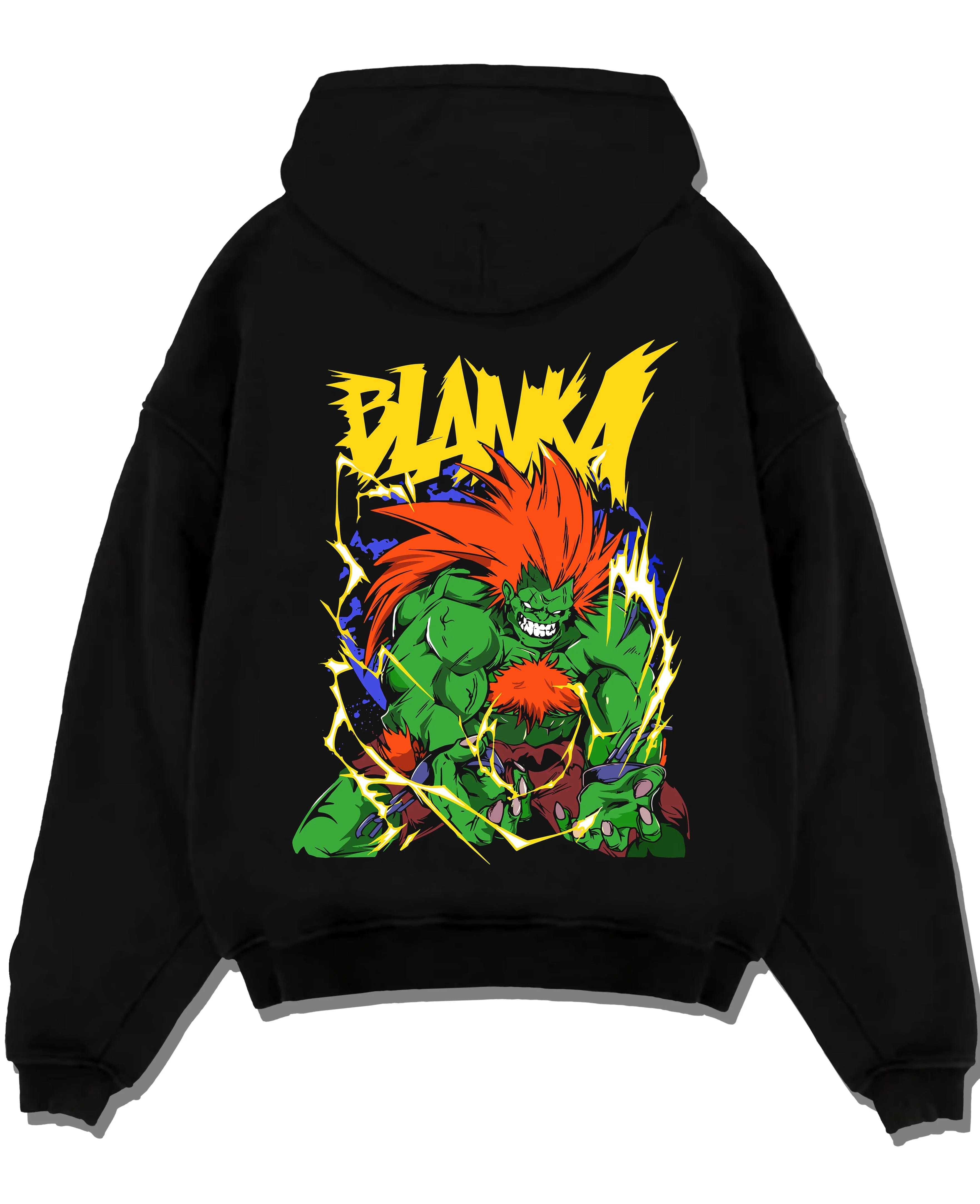 Black pullover hoodie laid flat with Blanka Hoodie Street Fighter Green Beast Retro Roar graphic Blanka anime design.
