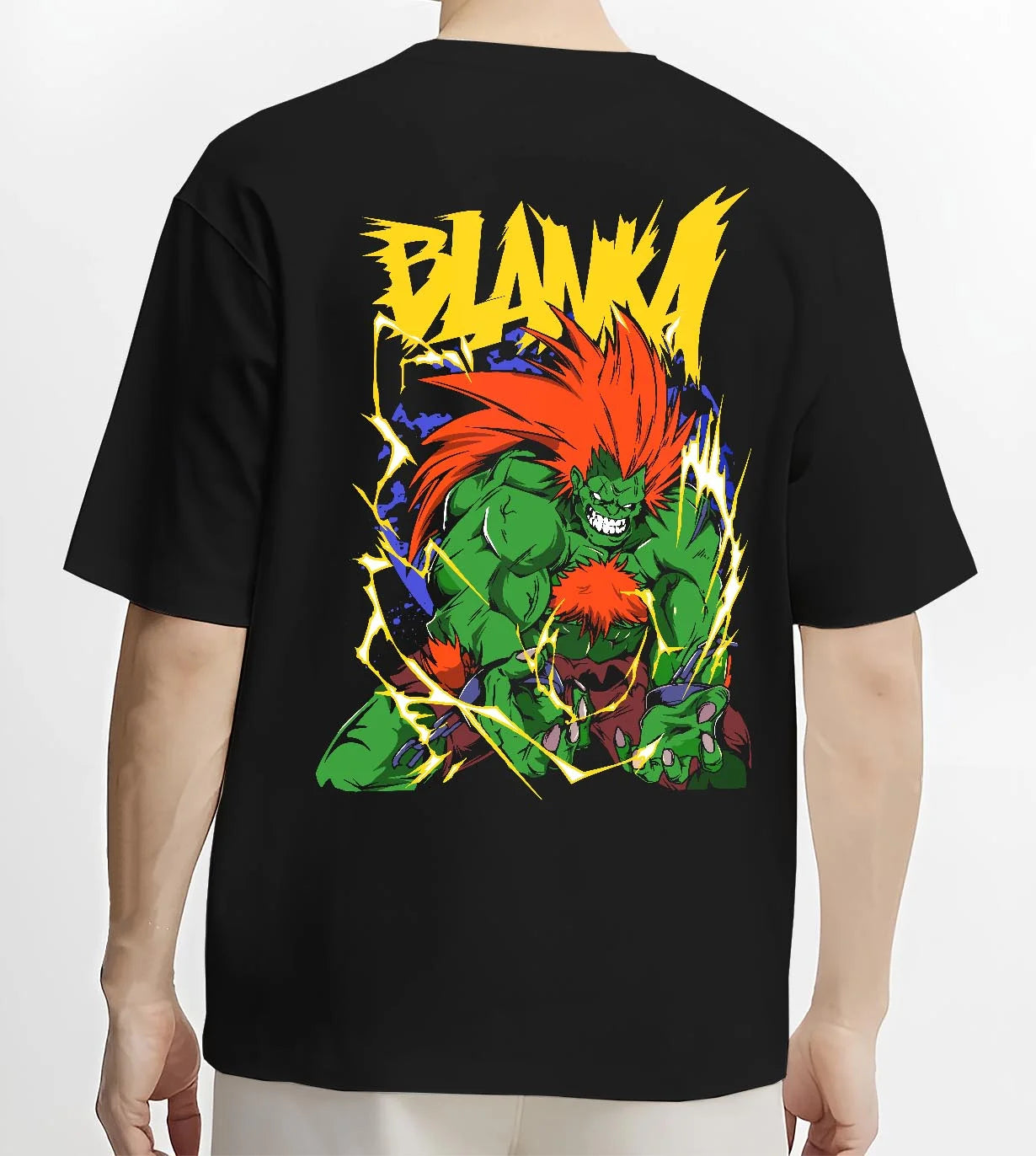 Black T-shirt worn by male model, back view with Blanka Hoodie Street Fighter Green Beast Retro Roar graphic streetwear graphic.