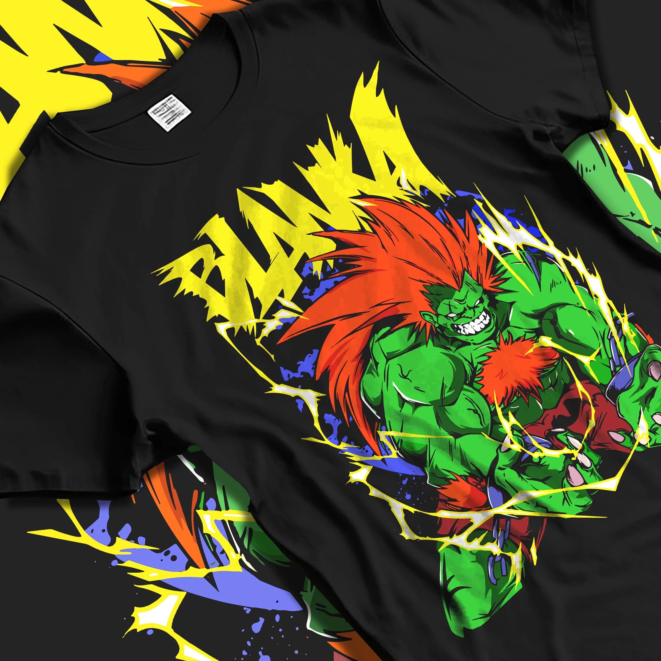 Black T-shirt laid flat with natural folds with Blanka Hoodie Street Fighter Green Beast Retro Roar graphic premium wear.