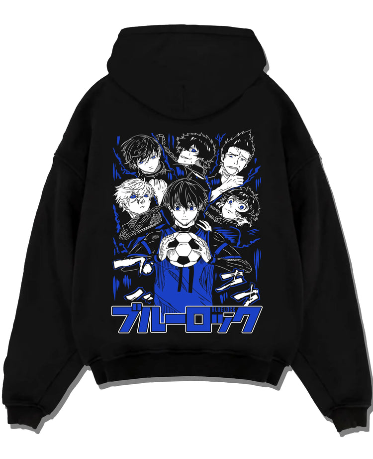 Black pullover hoodie laid flat with Blue Lock Hoodie Japan Soccer Team Chain Collection graphic nan themed artwork.