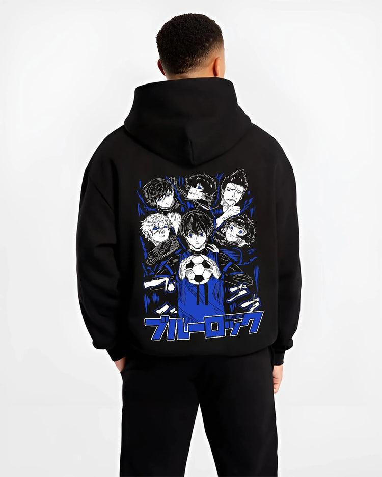 Black hoodie worn by male model, back view with Blue Lock Hoodie Japan Soccer Team Chain Collection graphic premium wear.