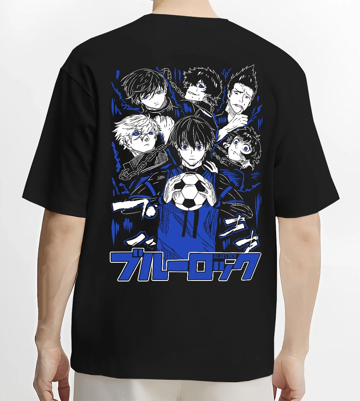 Black T-shirt worn by male model, back view with Blue Lock Hoodie Japan Soccer Team Chain Collection graphic nan themed artwork.