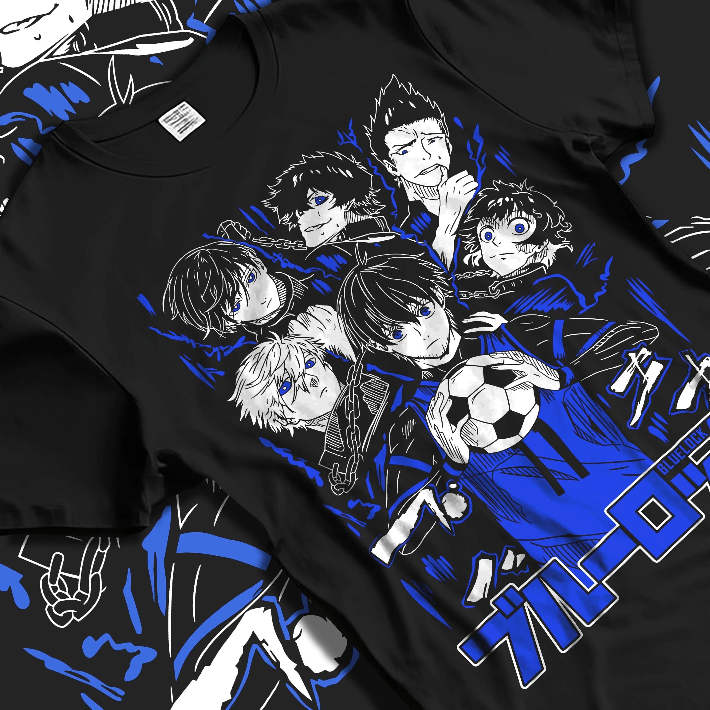Black T-shirt laid flat with natural folds with Blue Lock Hoodie Japan Soccer Team Chain Collection graphic bold anime graphic.