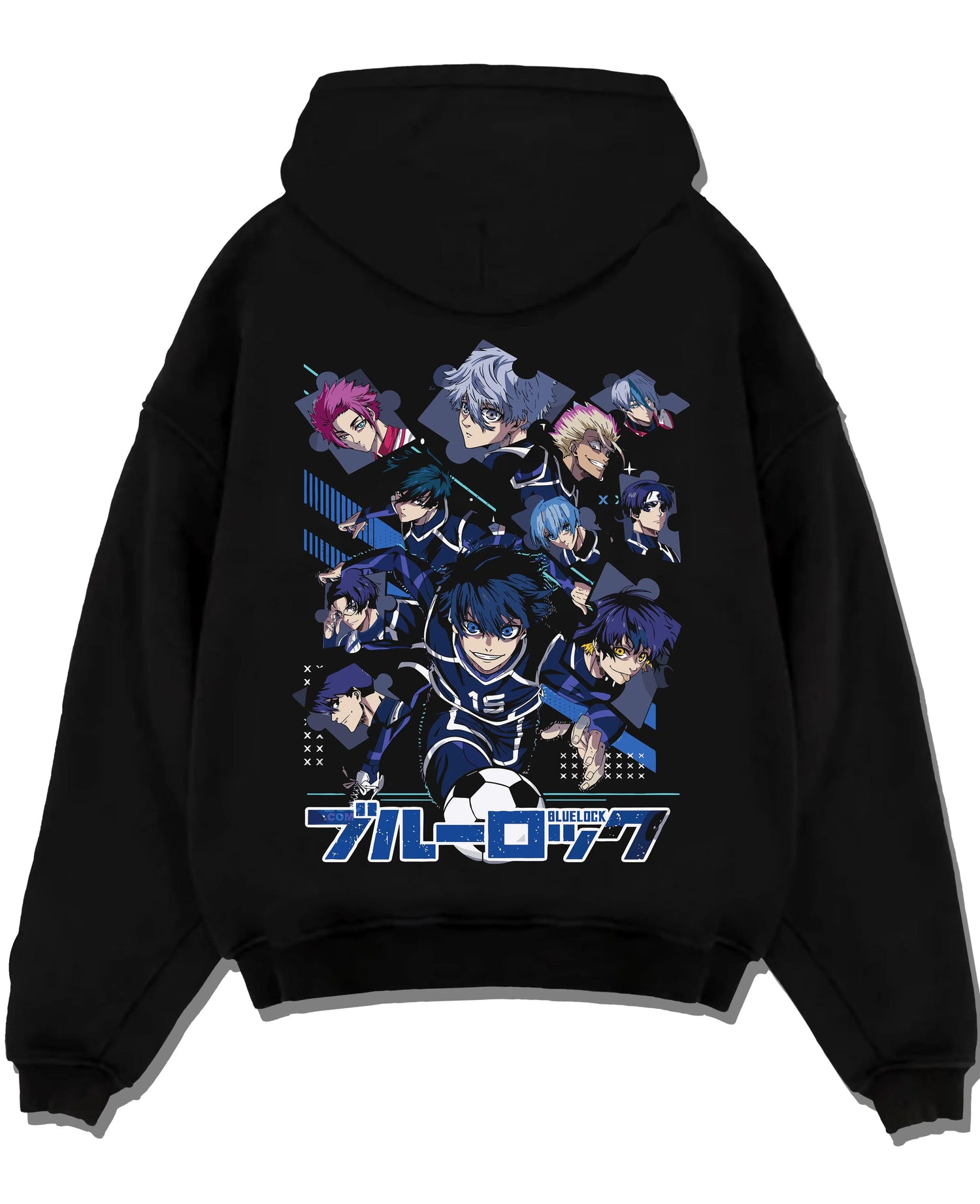 Black pullover hoodie laid flat with Blue Lock Hoodie Team Eleven Anime Sports Panel Print graphic bold anime graphic.