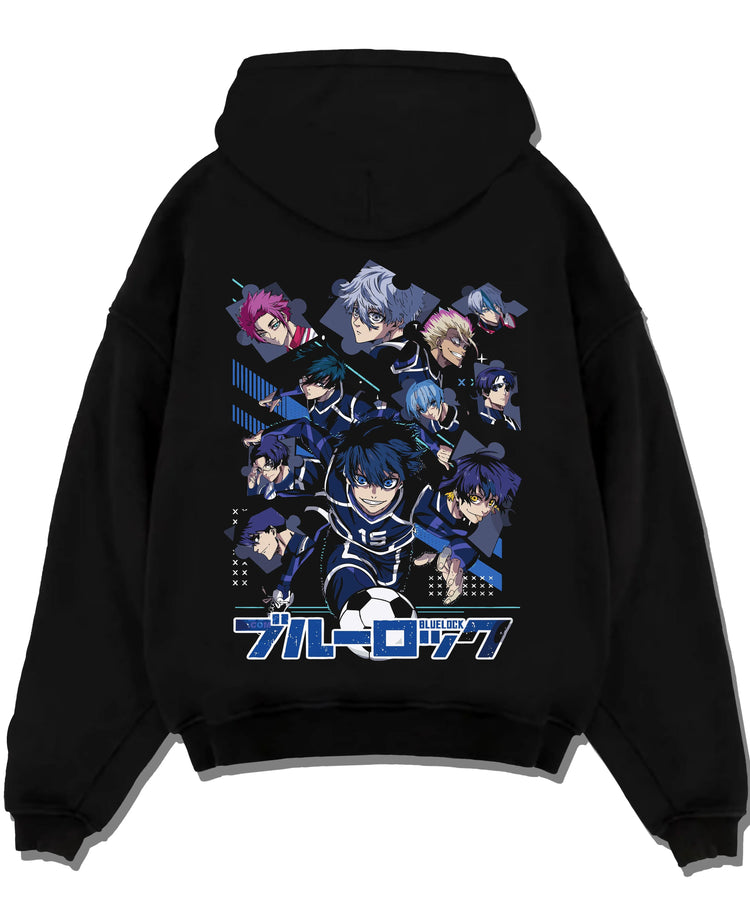Black pullover hoodie laid flat with Blue Lock Hoodie Team Eleven Anime Sports Panel Print graphic bold anime graphic.