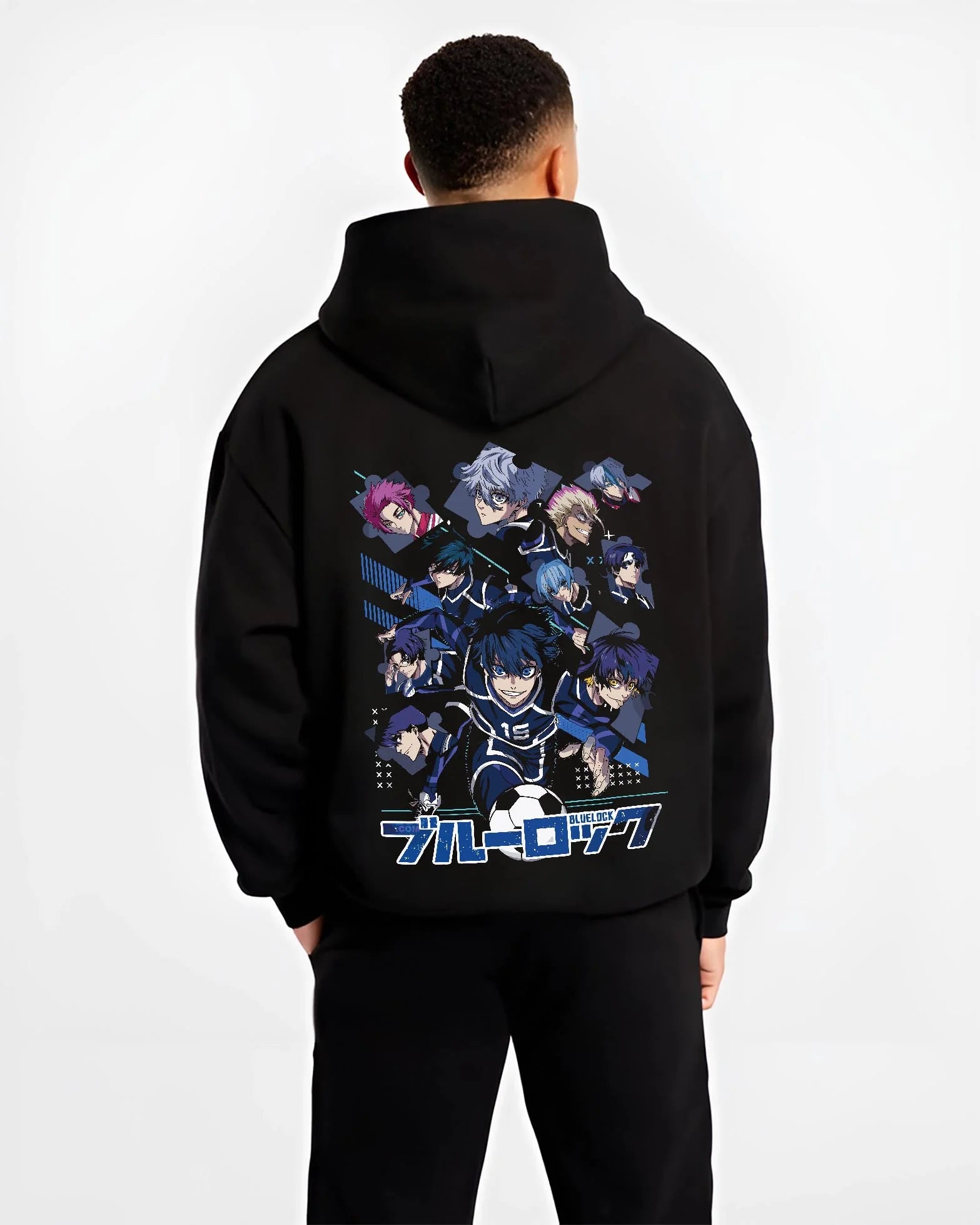 Black hoodie worn by male model, back view with Blue Lock Hoodie Team Eleven Anime Sports Panel Print graphic bold anime graphic.