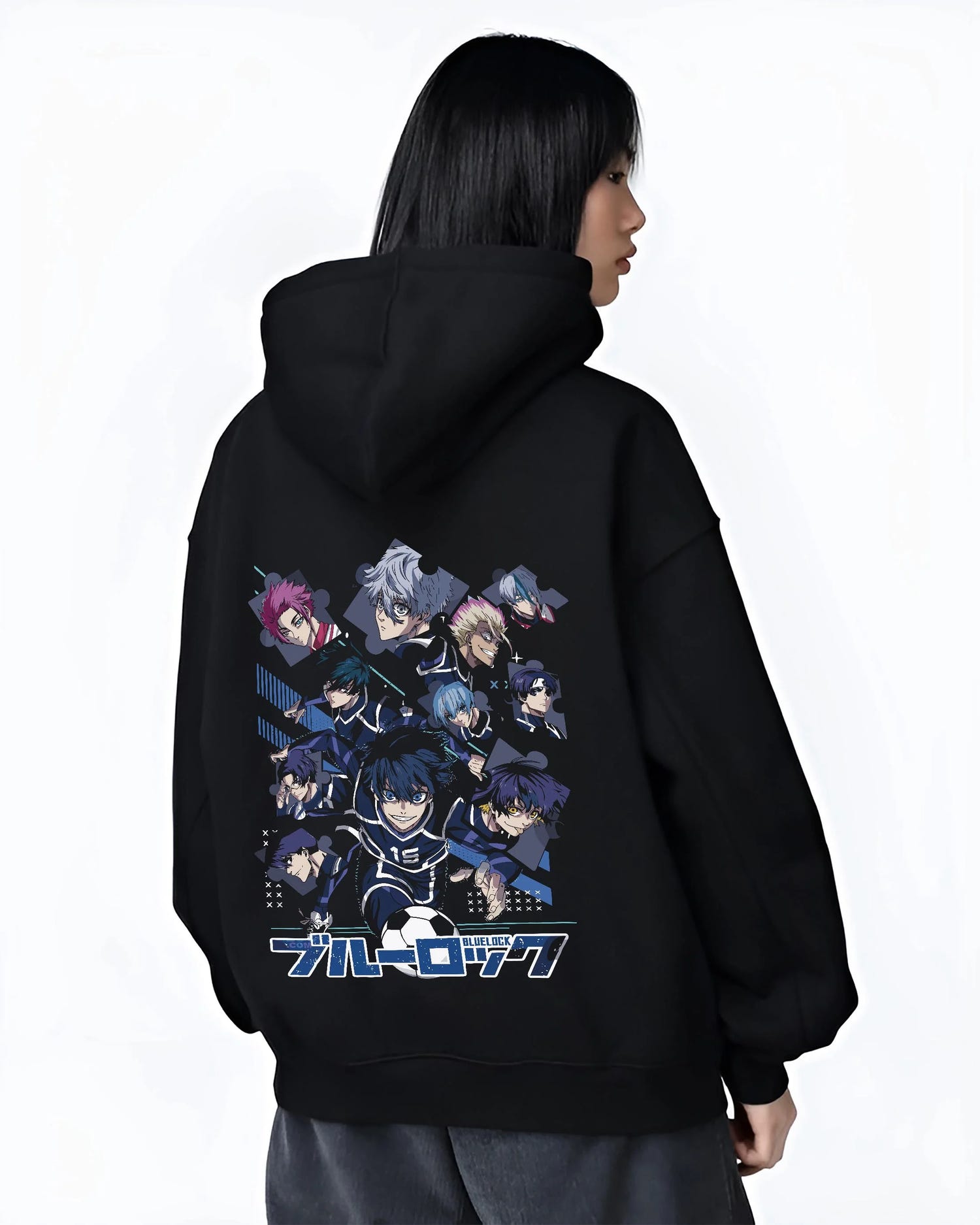 Black hoodie worn by female model, back view with Blue Lock Hoodie Team Eleven Anime Sports Panel Print graphic nan themed artwork.