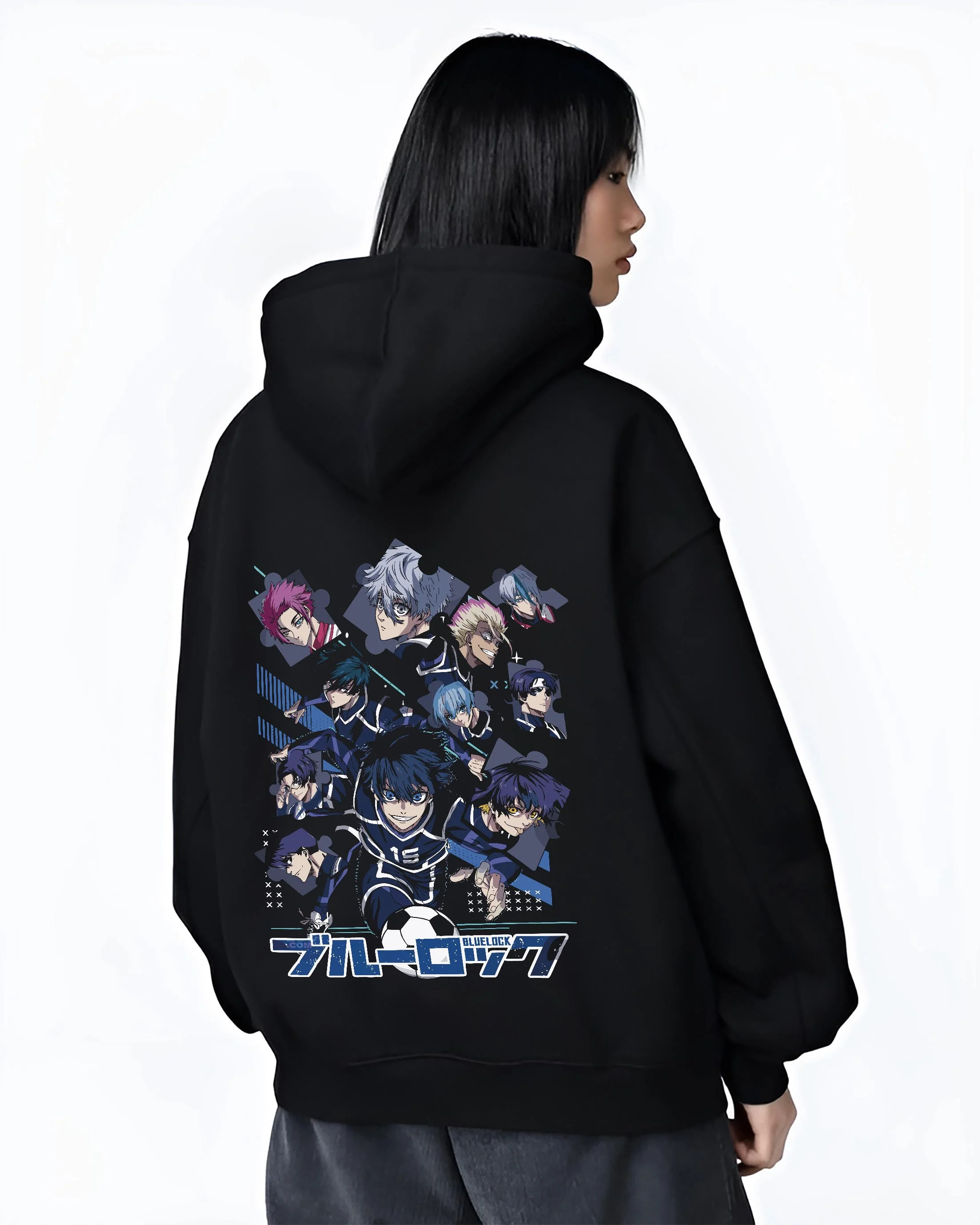 Black hoodie worn by female model, back view with Blue Lock Hoodie Team Eleven Anime Sports Panel Print graphic nan themed artwork.
