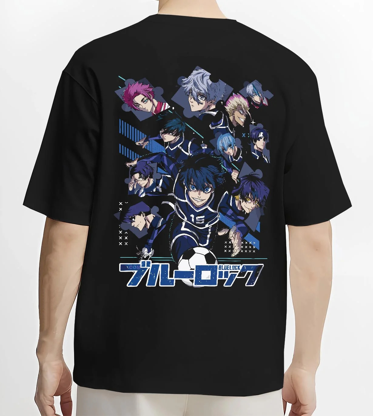 Black T-shirt worn by male model, back view with Blue Lock Hoodie Team Eleven Anime Sports Panel Print graphic nan themed artwork.