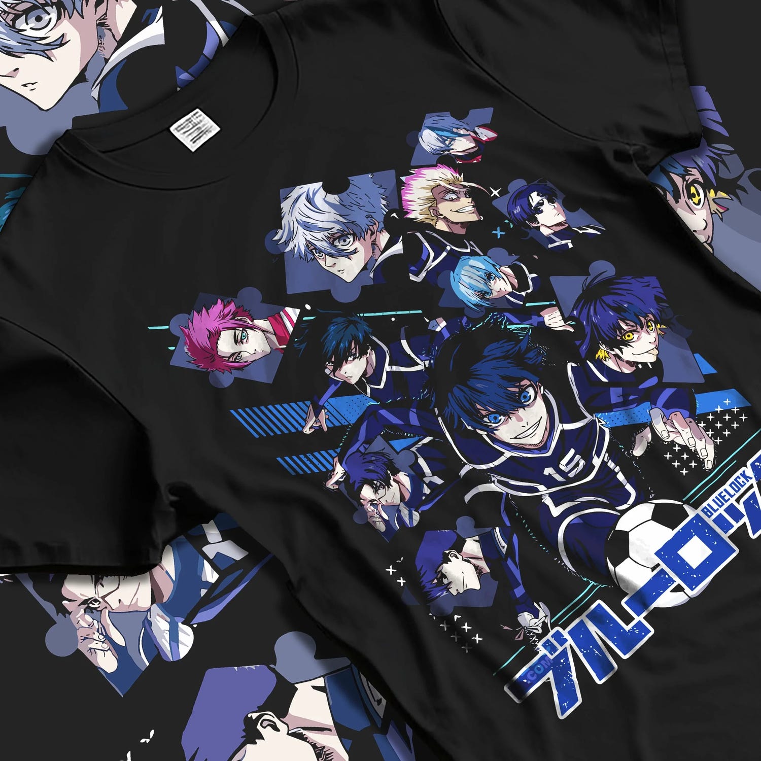 Black T-shirt laid flat with natural folds with Blue Lock Hoodie Team Eleven Anime Sports Panel Print graphic bold anime graphic.