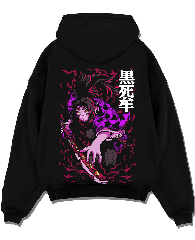 Black pullover hoodie laid flat with Demon Slayer Kokushibo Hoodie Blood Demon Jumper graphic premium wear.