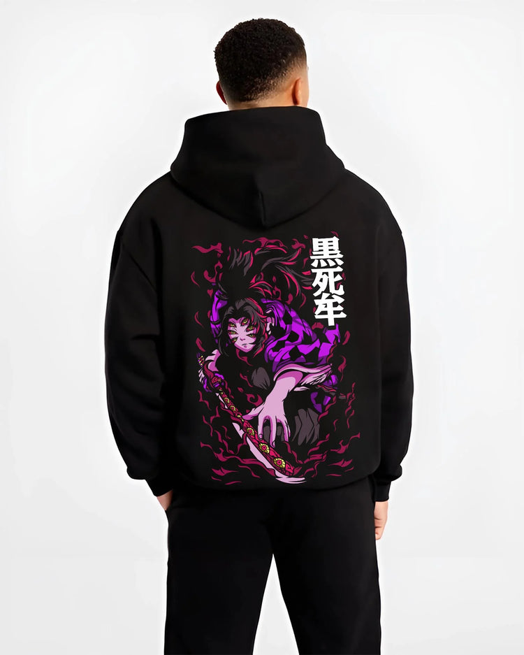 Black hoodie worn by male model, back view with Demon Slayer Kokushibo Hoodie Blood Demon Jumper graphic streetwear graphic.
