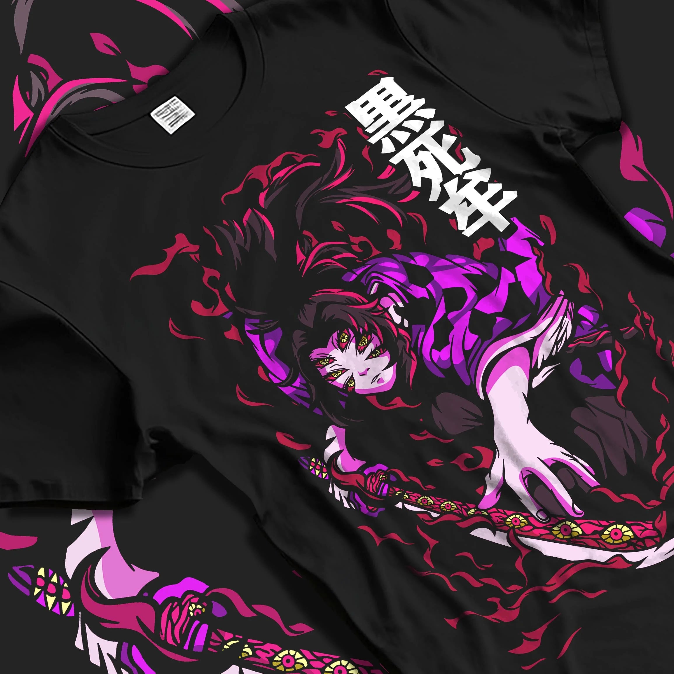 Black T-shirt laid flat with natural folds with Demon Slayer Kokushibo Hoodie Blood Demon Jumper graphic streetwear graphic.