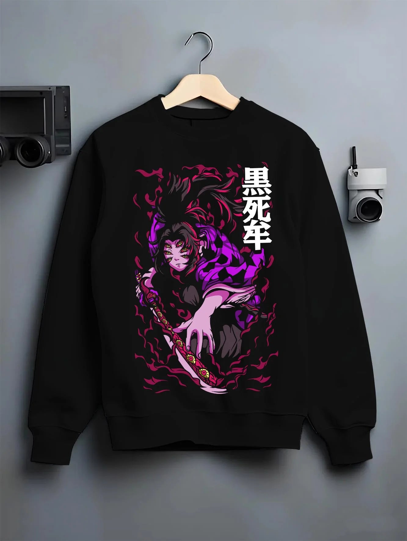 Black crewneck sweatshirt on hanger with Demon Slayer Kokushibo Hoodie Blood Demon Jumper graphic bold anime graphic.