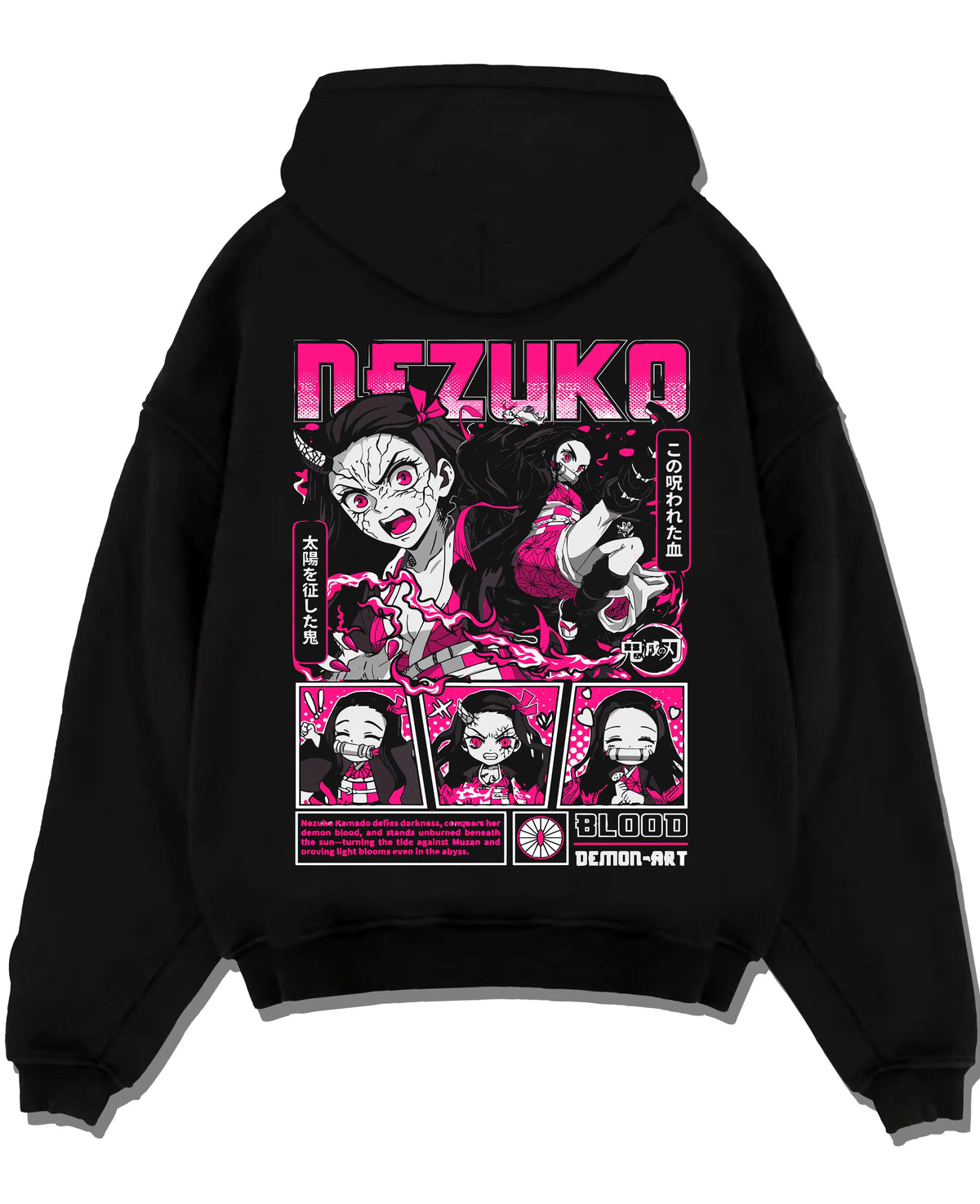 Black hoodie laid flat featuring Nezuko Kamado blood demon art artwork with bold anime graphic print.